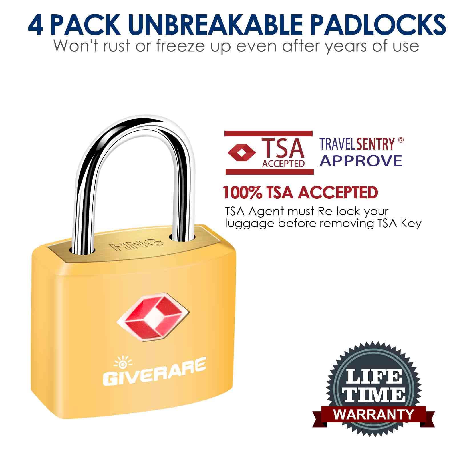 4 Pack TSA Approved Travel Luggage Locks with Keys, Solid Brass Copper Keyed Padlock, ABS Plastic Covered Small Locks for Suitcase, Backpack, Gym Locker, Jewelry Box-by GIVERARE