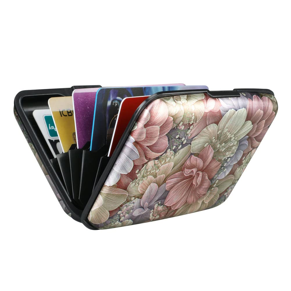 ELFISH Mini RFID Aluminum Wallet Credit Cards Holder Business Card Case Metal ID Case for Men Women（Happy Flower