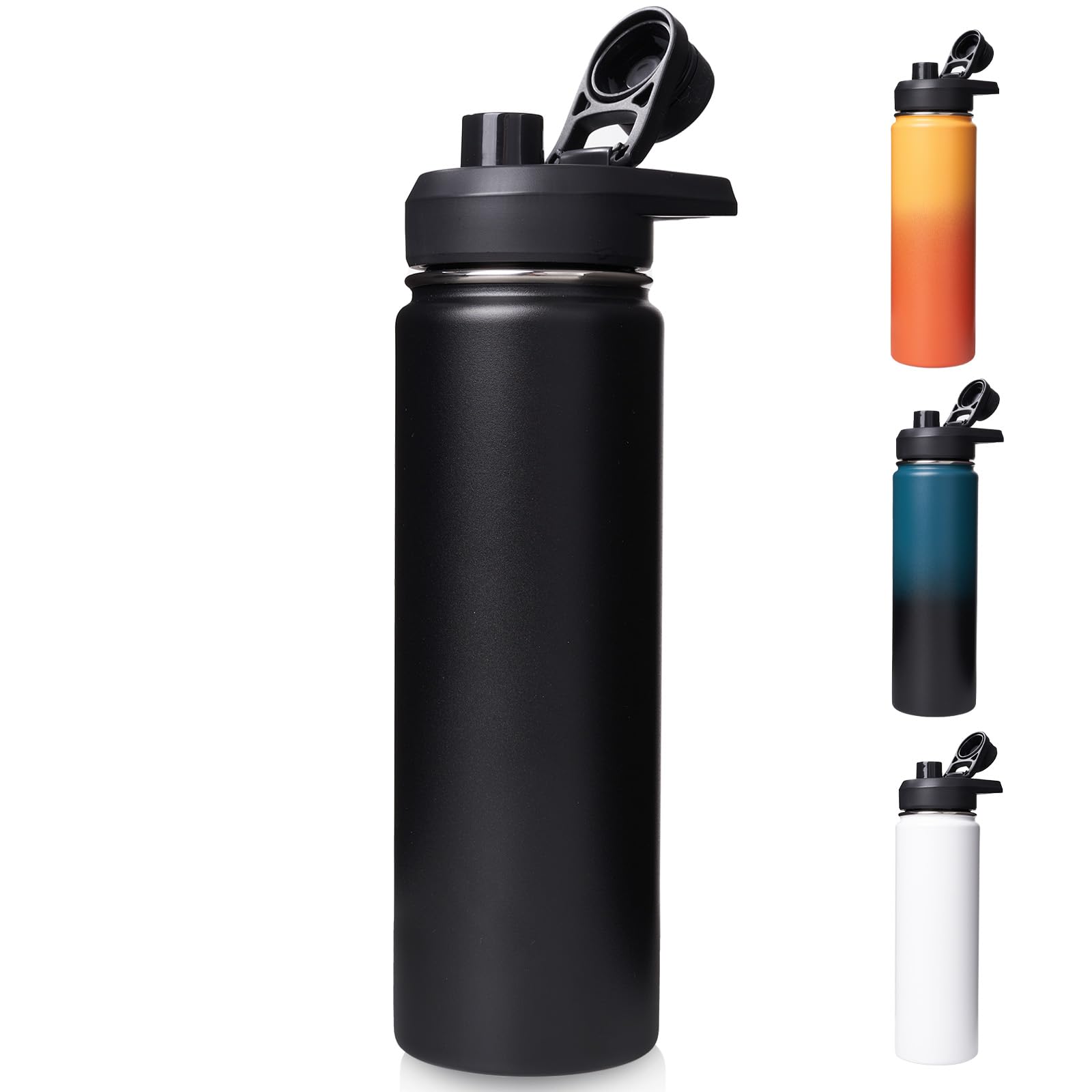 Fijinhom 24 oz Isolierte Wasserflasche mit Henkel, 304 Edelstahl Trinkflaschen mit weiter Öffnung, Doppelwandige Vakuum-Sportwasserflasche, BPA-frei, hält kalt und heiß, Schwarz