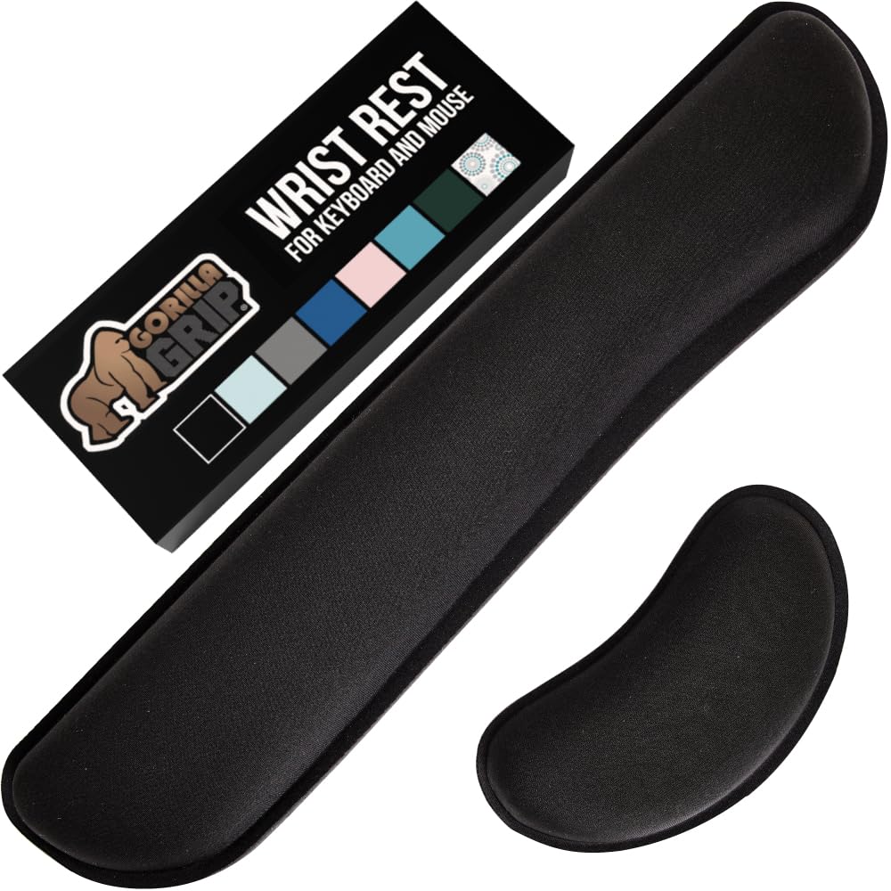 GORILLA GRIP Seidig Gel-Memory Foam Handgelenkauflage für Computertastatur, Maus, ergonomisches Design zur Schmerzlinderung beim Tippen, Schreibtischunterlage stützt Hand und Arm, Mauspad-Auflagen, schmutzabweisend, 2-teiliges Pad, Schwarz