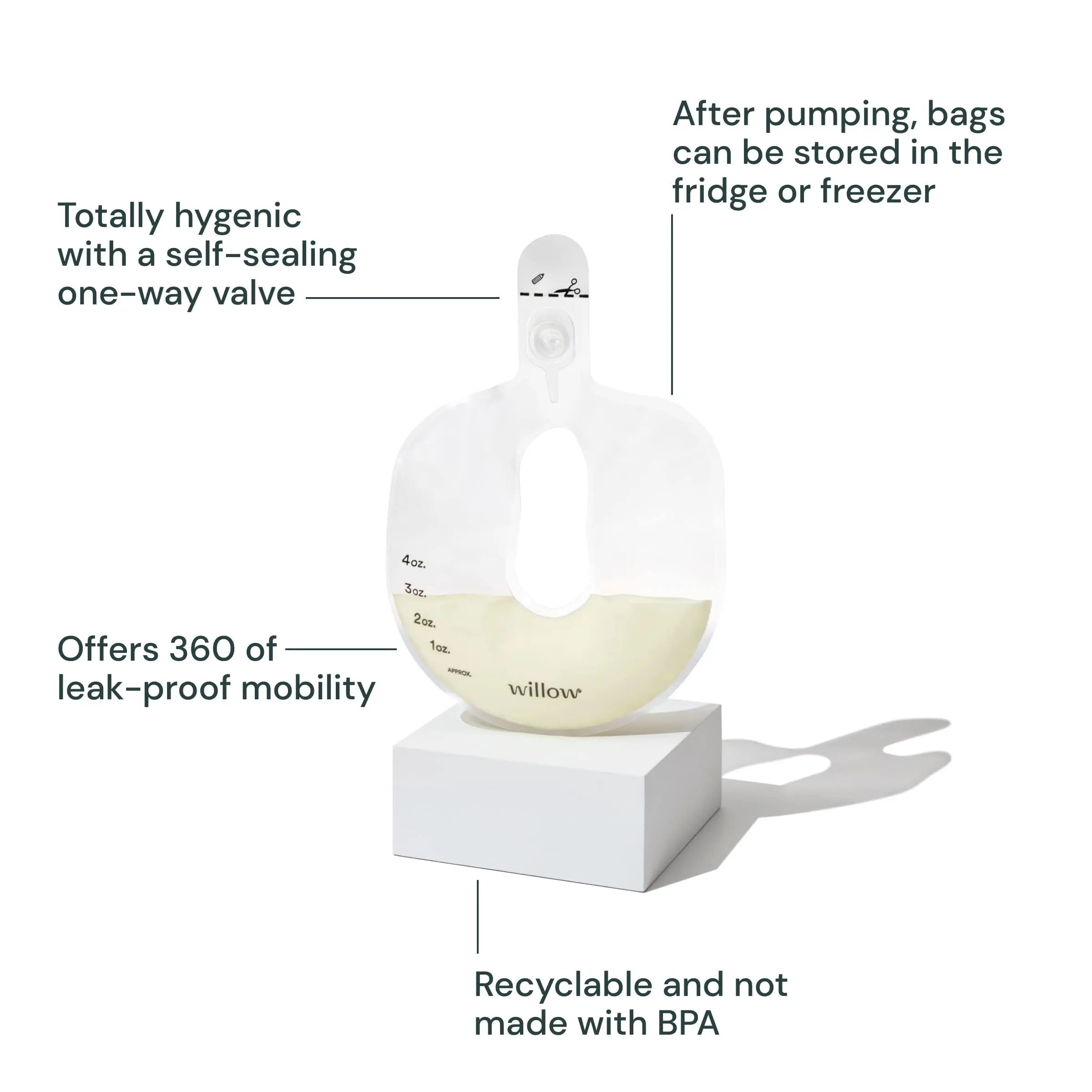 Willow - 360 Pump Spill-Proof Breast Milk Bags - 48 Ct - Holds 4 oz. Per Self-Sealing Storage Bag - Compatible with Willow 360 or 3.0 Wearable Hands Free Breast Pump