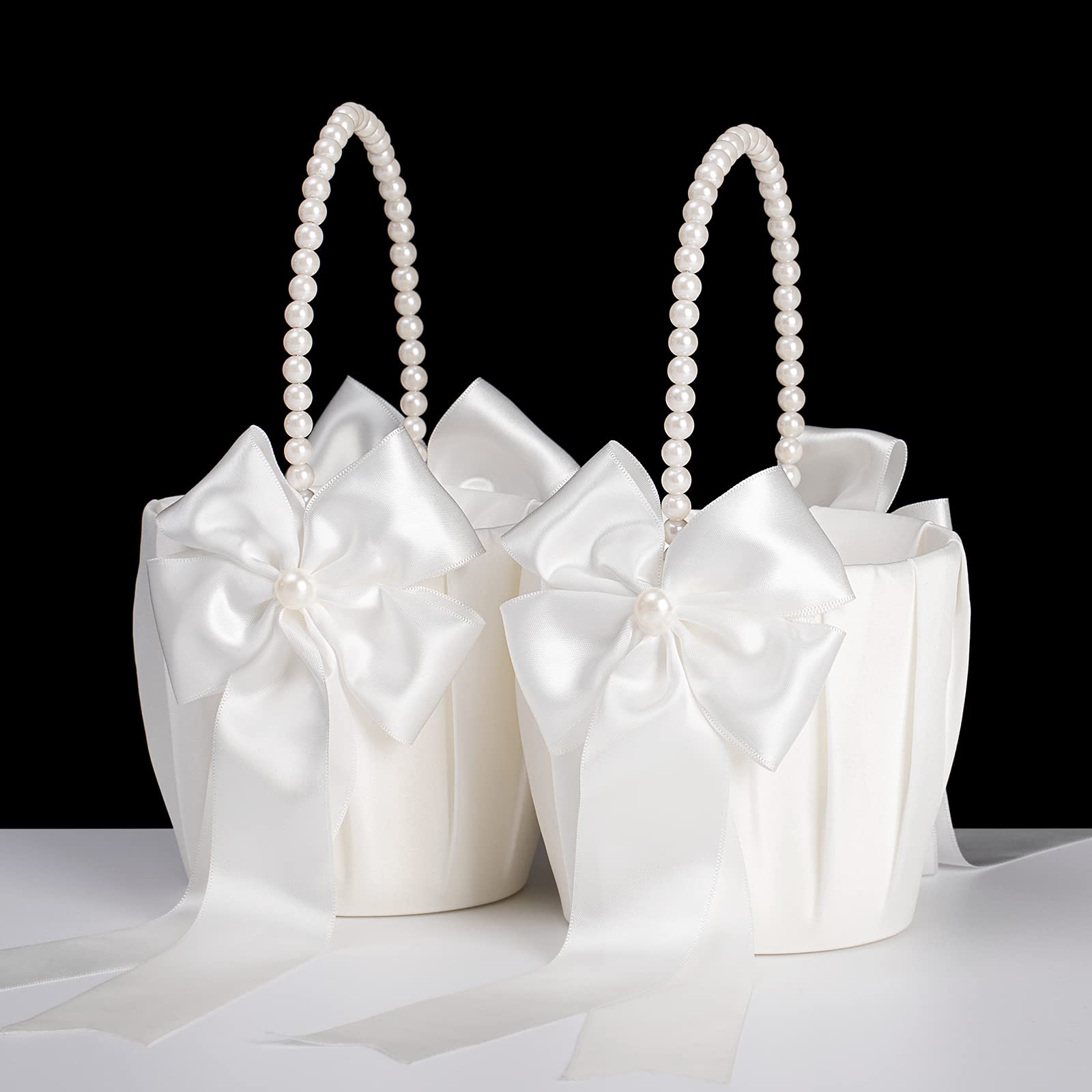 Blumenmädchen-Körbe für Hochzeiten, Elfenbeinfarbener Blumenmädchen-Korb mit Perlengriff, 2er-Set, Hochzeitskörbe für Blumenmädchen