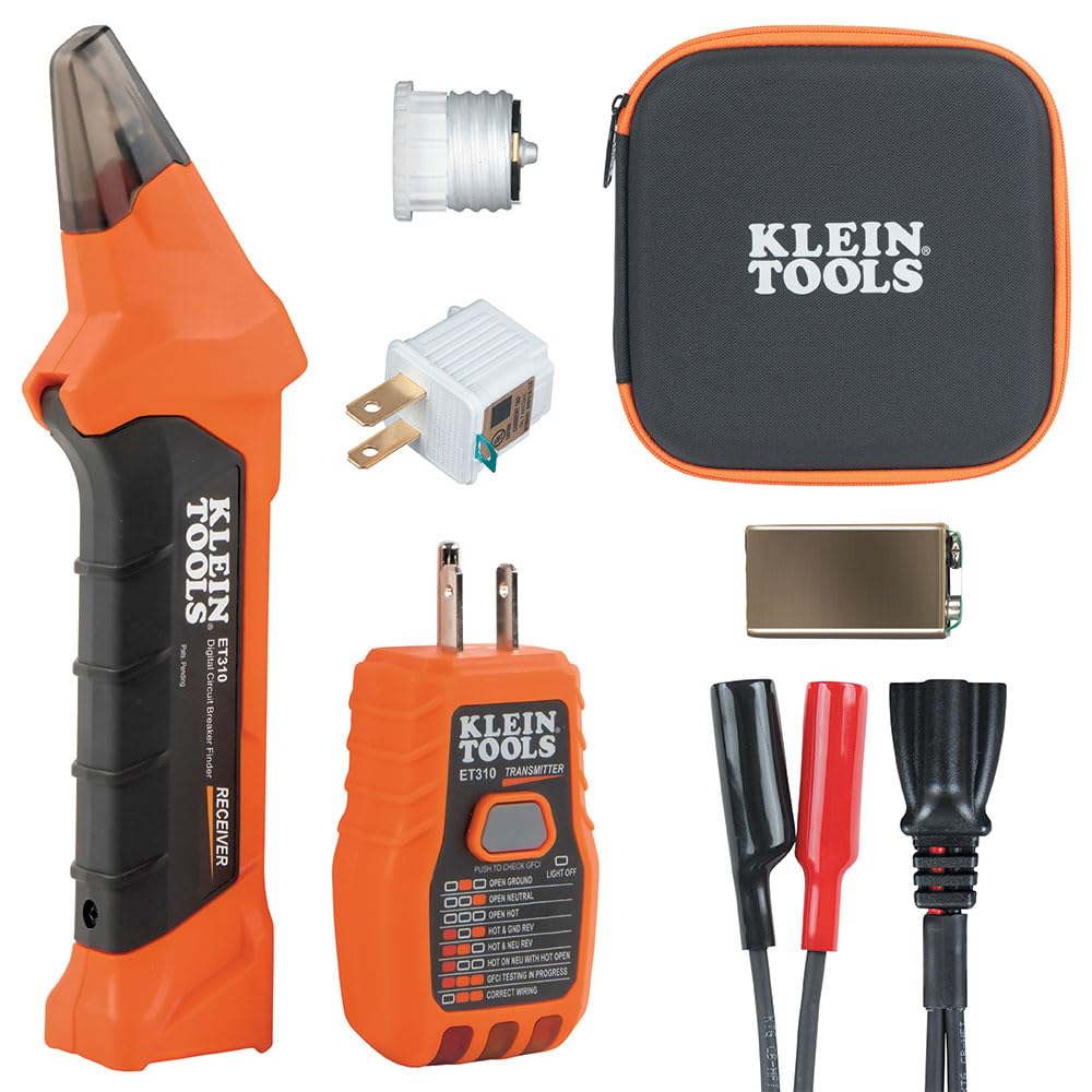 طقم العثور على قواطع الدائرة الكهربائية AC ET310KIT من Klein Tools، جهاز اختبار كهربائي، جهاز اختبار GFCI، أسلاك توصيل، محولات وحافظة