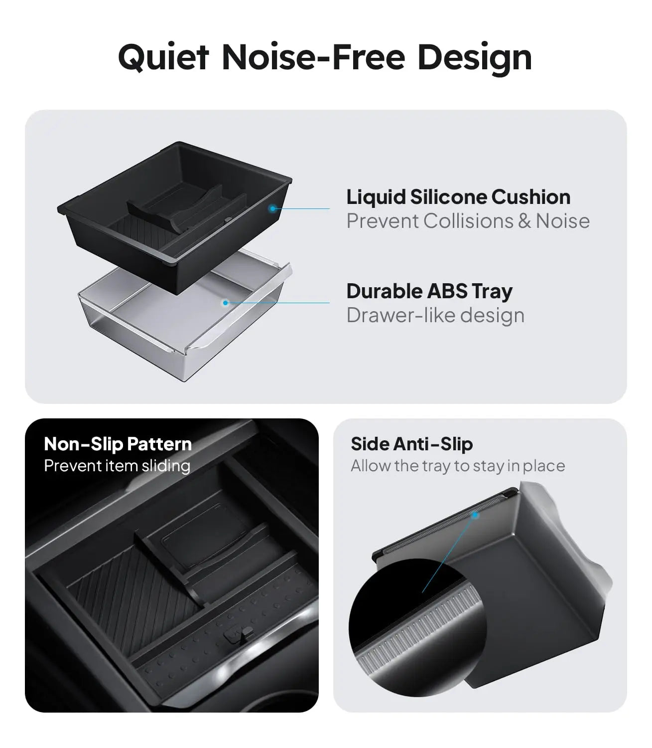 Wigoo Tesla New Model Y Juniper & Model 3 Center Console Organizer [Double Layer Space, Slide smoothly] Model 3 (2024~2025)/New Model Y Juniper Accessories, 4PCS Black