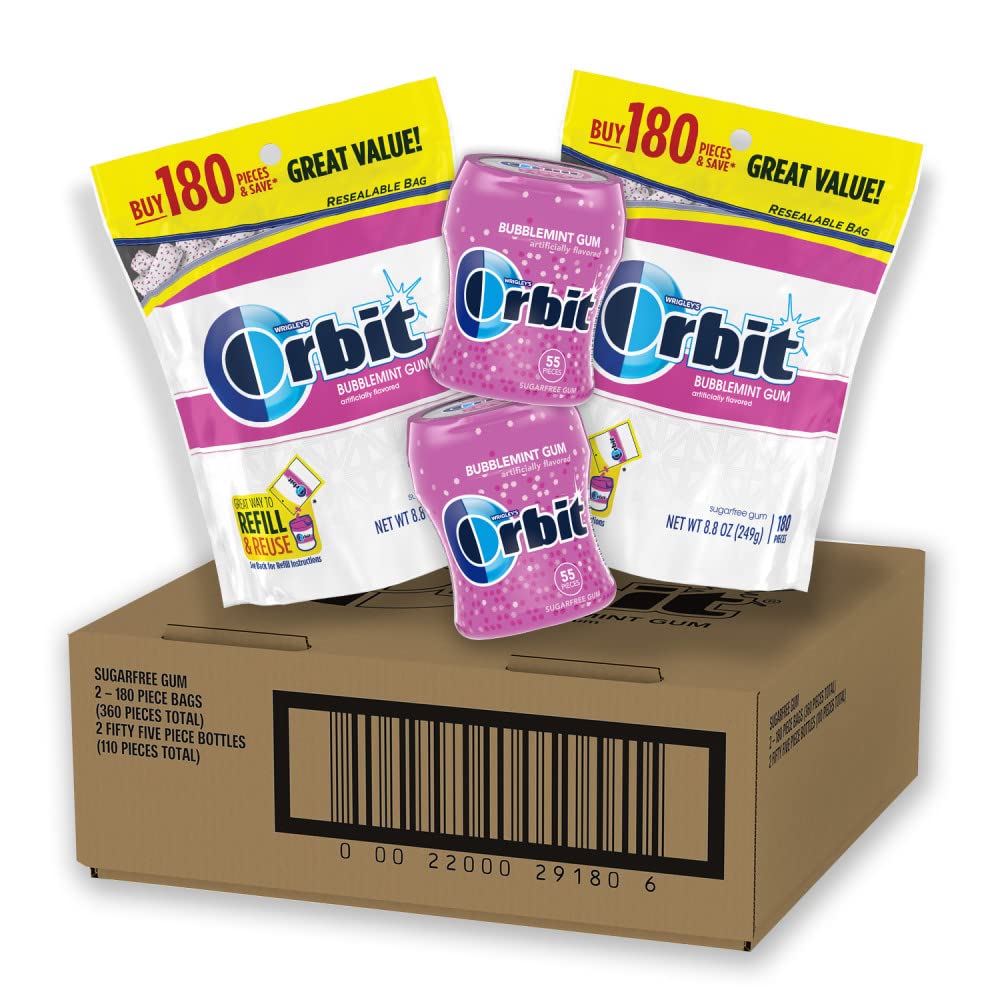 ORBIT Bubblemint zuckerfreier Kaugummi, Großpackung, 2 Beutel – 180 Stück & 2 Flaschen – 55 Stück Kaugummi