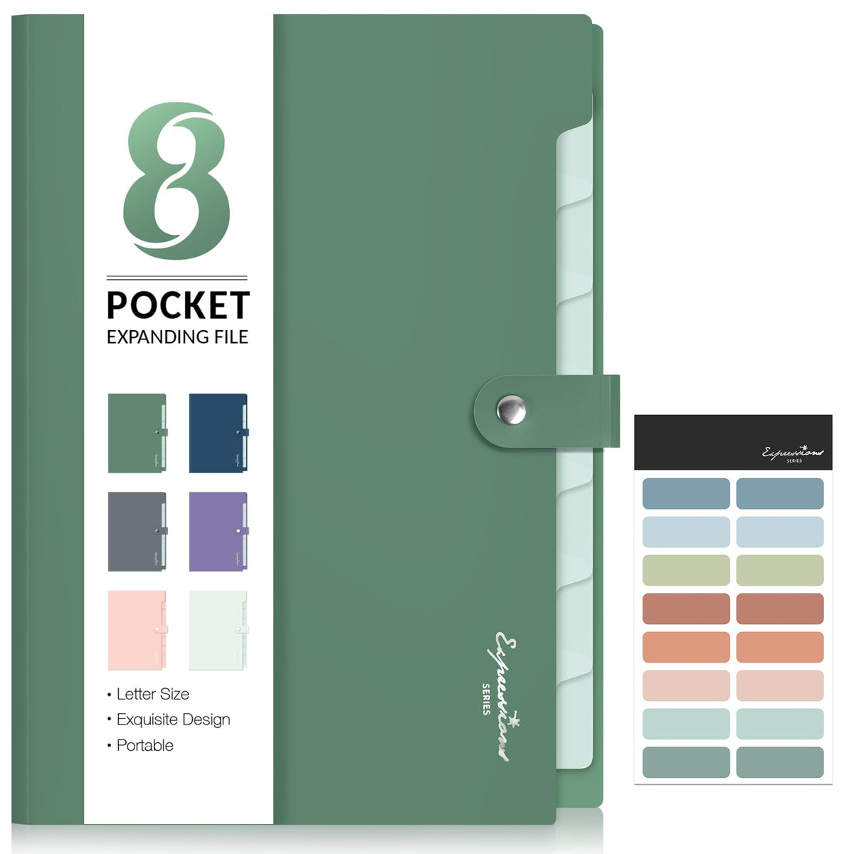 Sooez Elegant Accordion File Organizer, 8 Pocket Expanding File Folders with Labels, Portable Folder for Documents, Cute Paper Organizer for School Office Supplies, Letter Size, Dark Green