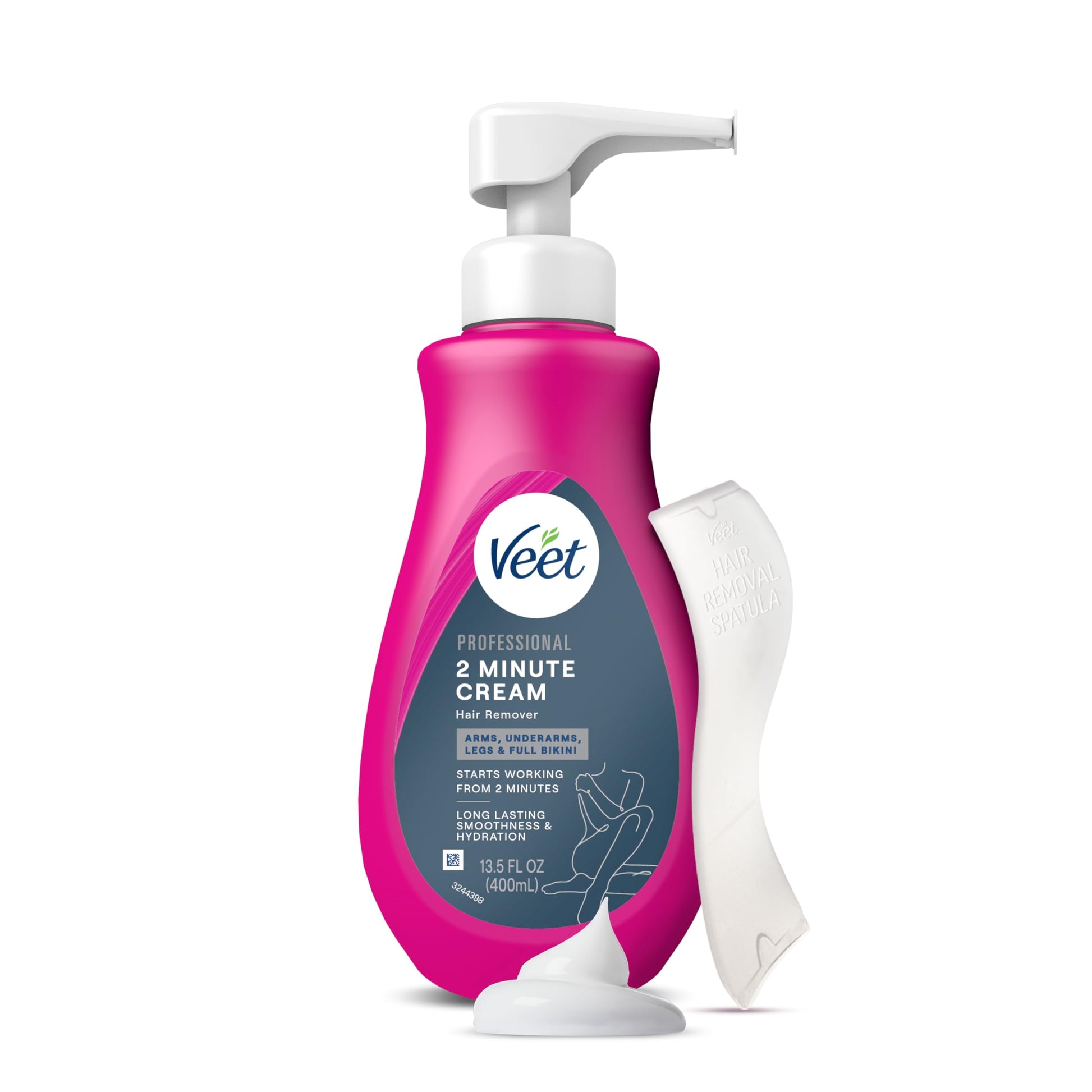 VEET Professional 2 Minute Hair Removal Cream For All Skin Types with Shea Butter | Effective Full Bikini Hair Removal, Pubic Hair Removal Gel | Dermatologically Tested | 13.5 FL OZ Bottle w/Spatula