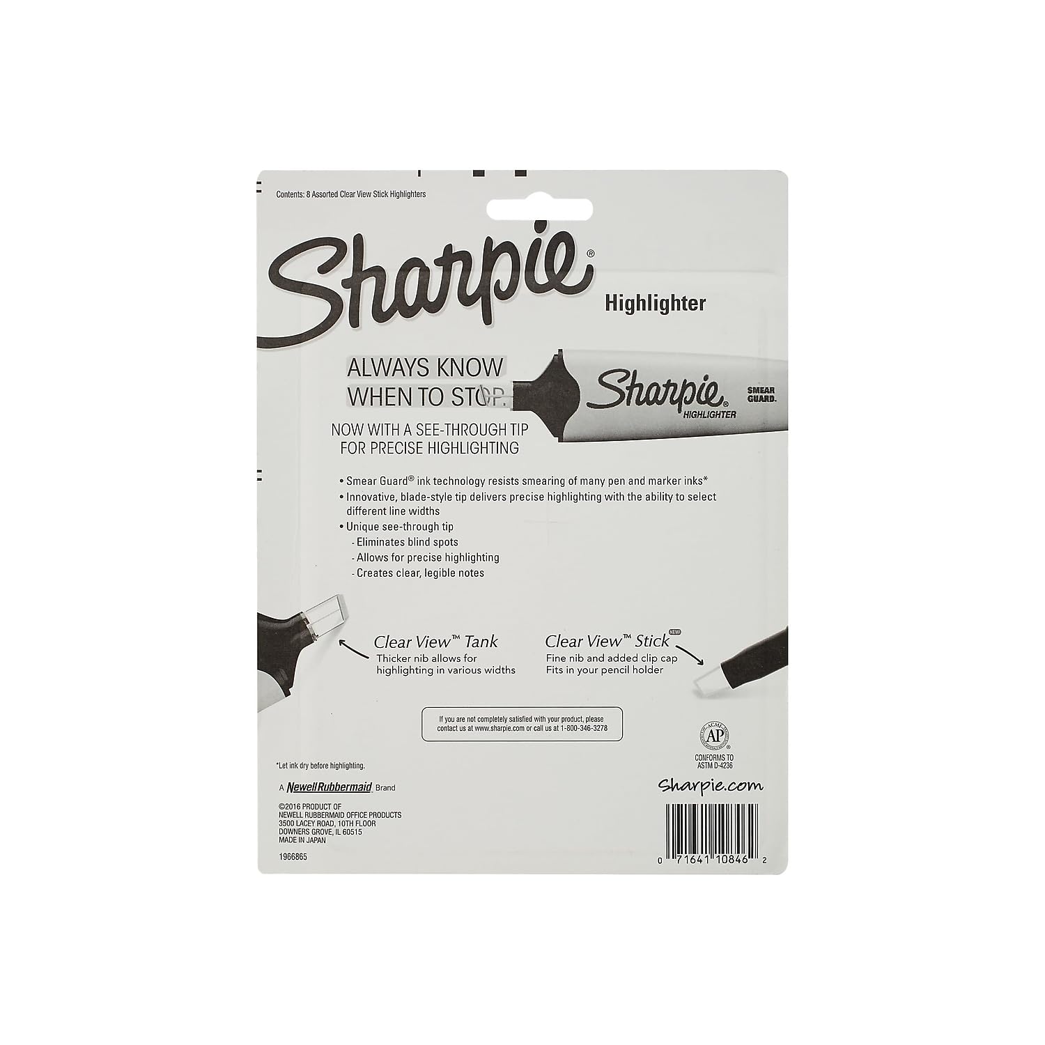 Sharpie Clear View Highlighter Sticks, Chisel Tip, Assorted Fluorescent, 8 Count - School, Home, and Office Use, Teacher Supplies