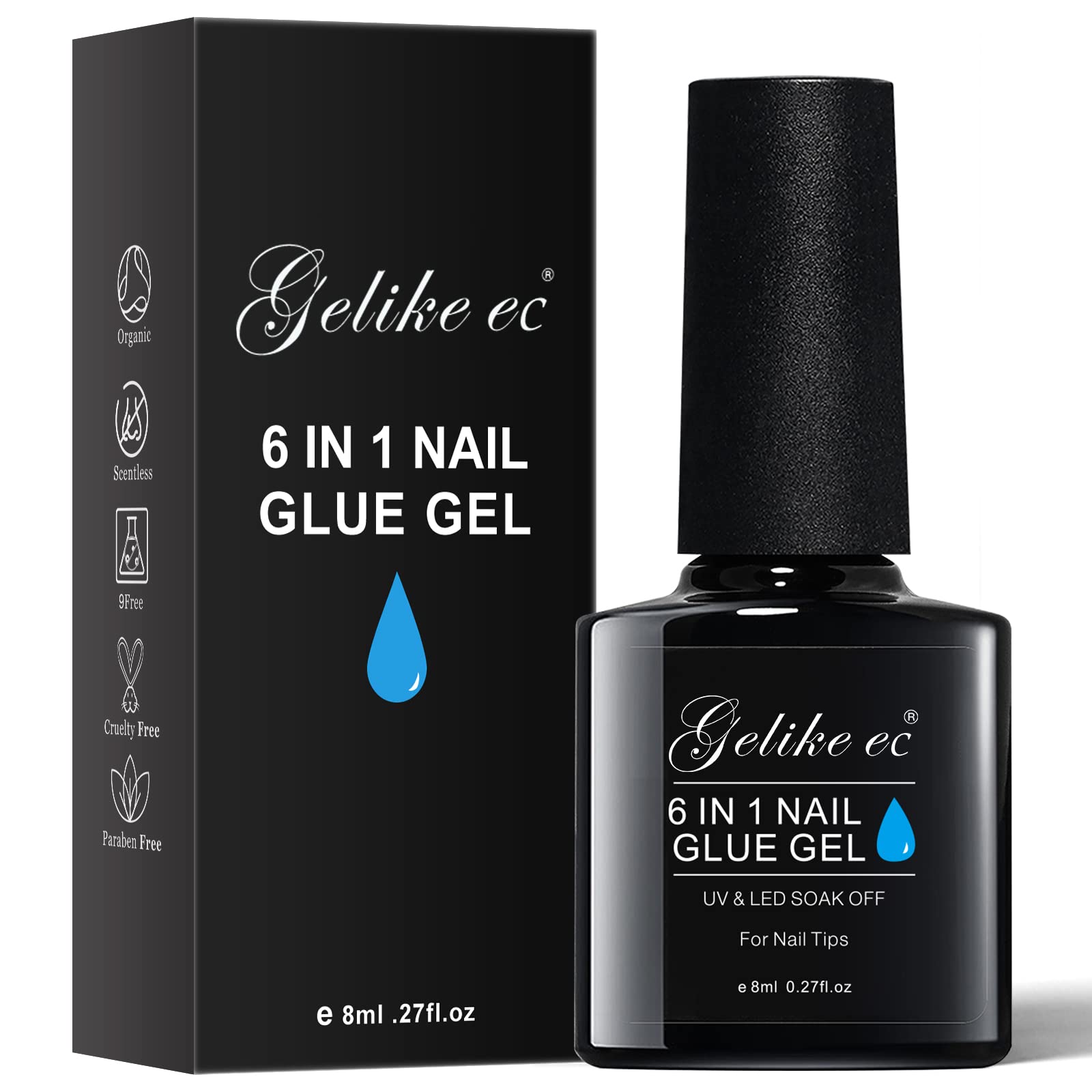 Gelike EC Gel-Nagelkleber UV-Licht: 6 in 1 Kleber Gel-Nagellack, Starker Nagelkleber für Press On Nails, Acrylspitzen, Lang haltend - Nagelkunst Geschenk für Heimstudio Anfänger DIY