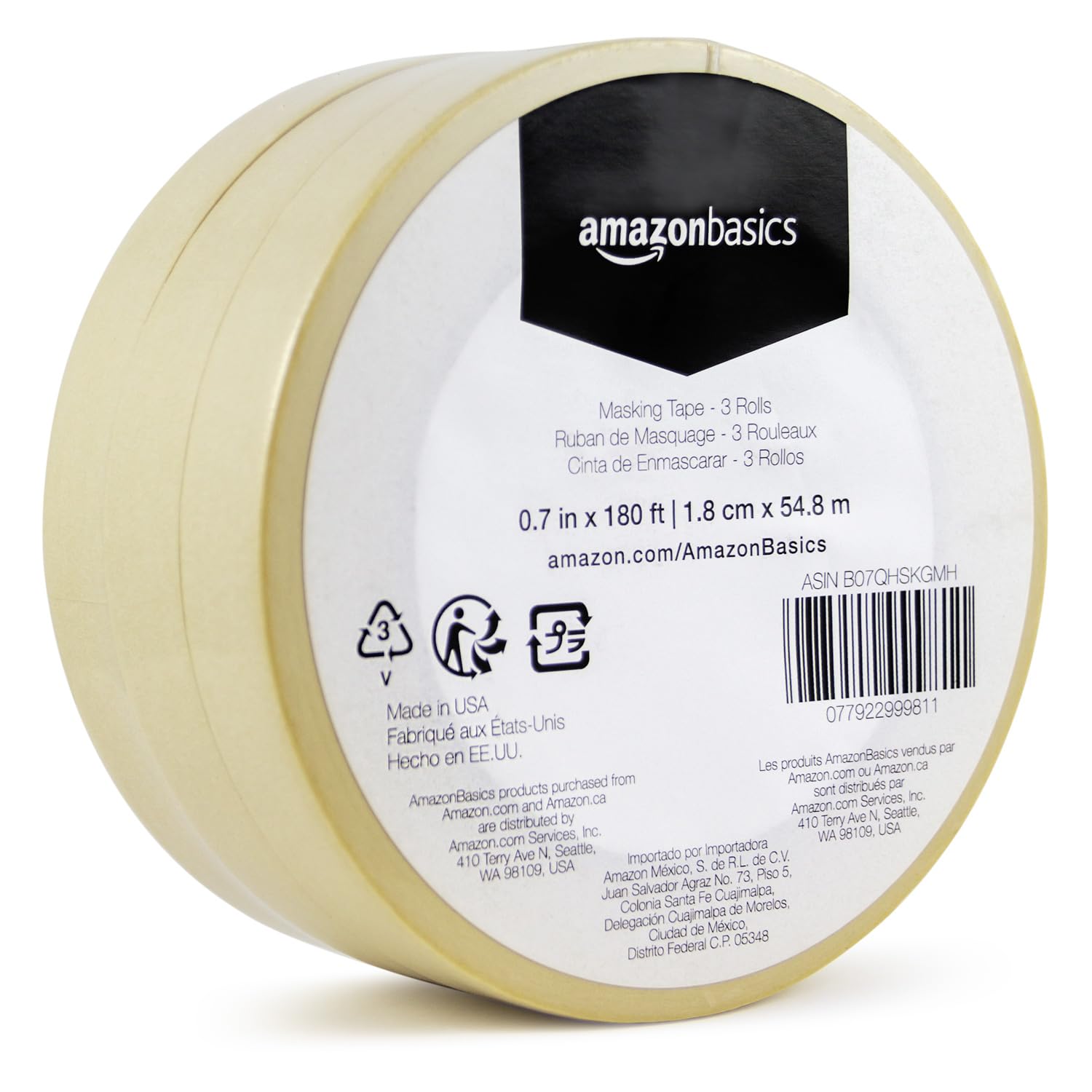 Amazon Basics Masking Tape, Pack of 3 Rolls, Beige, 0.7 inch x 180 feet