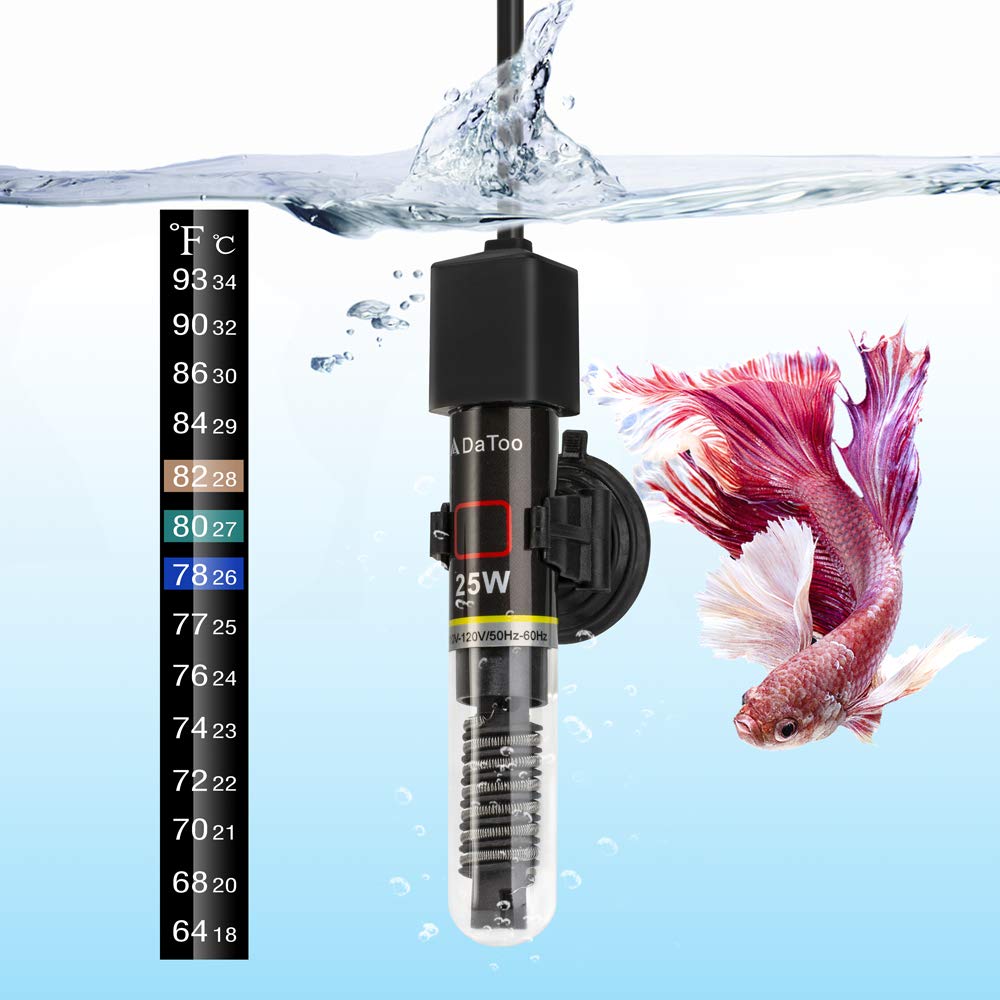 DaToo Mini-Aquariumheizer 25W kleiner Fischbeckenheizer 25 Watt mit Gratis-Thermometeraufkleber