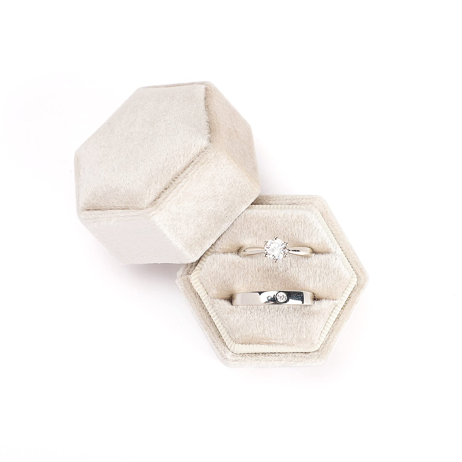 Etercycle Samt-Schmuckringbox, sechseckige, hochwertige, wunderschöne Vintage Doppelring-Geschenkbox mit abnehmbarem Deckel für Heiratsantrag, Verlobung, Hochzeitszeremonie (Beige)