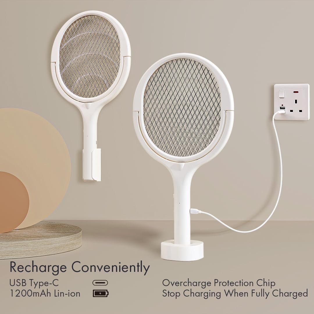 GeckoMan Rotating Head Electric Fly Swatter Racket Rechargeable Bug Zapper Racket Bug Zapper Indoor Fly Zapper Mosquito Zapper Flies Killer for Indoors, with a Telescopic Extension