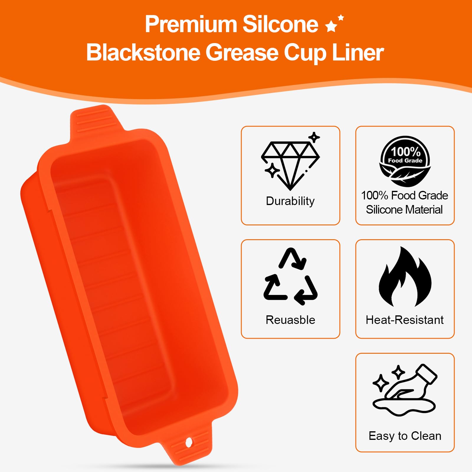 2 PCS Silicone Grease Cup Liners for Blackstone 36 28 22 17 Inch Griddle,Reusable Grease Catcher Cup Liner Grill Grease Tray,Durable Drip Pans Blackstone Griddle Accessories,Orange