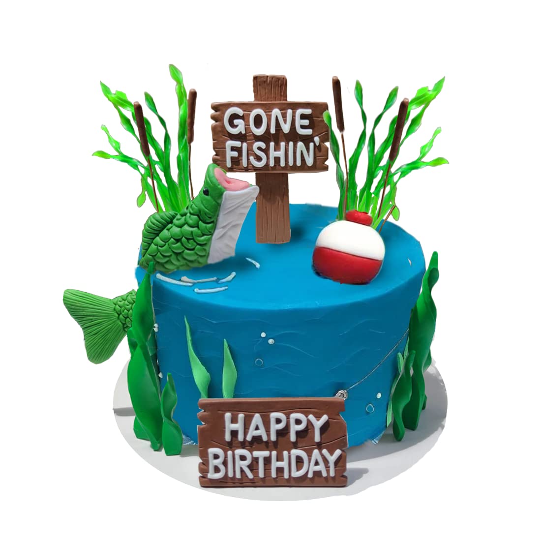 Angelkuchen-Topper Gone fishing Torte mit Barsch Schilf Happy Birthday Schild