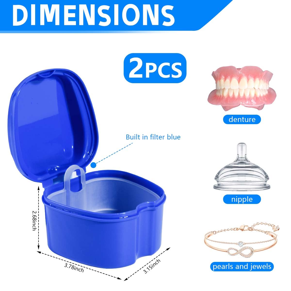KISEER 2 Pack Colors Denture Bath Case Cup Box Holder Storage Soak Container with Strainer Basket for Travel Cleaning (Light Blue and Blue)