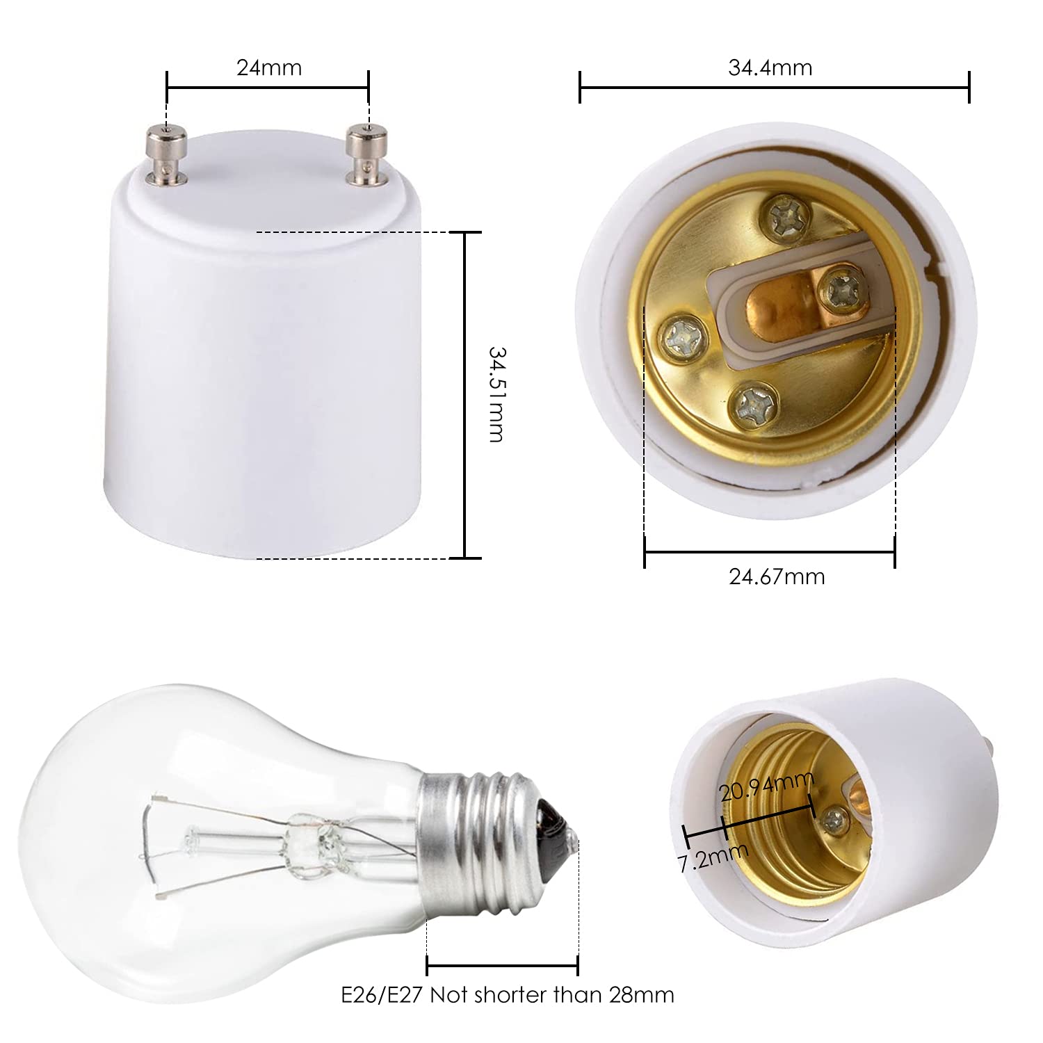 Onite GU24 to E27 E26 Adapter for LED Bulb, GU24 to Medium Base Converts Your Pin Base Fixture to Standard Screw-in Lamp Socket 2 Pack