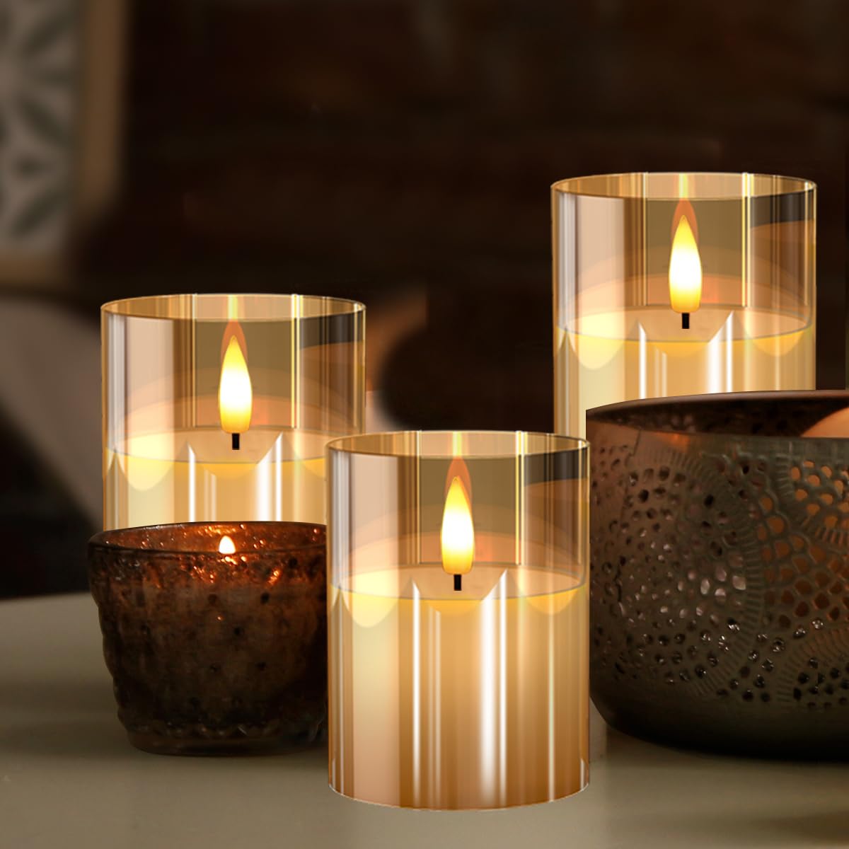 Glass Battery Operated LED Flameless Candles with Remote and Timer, Real Wax Candles Warm Color Flickering Light for Festival Wedding Home Party Decor(Pack of 3)-Gold