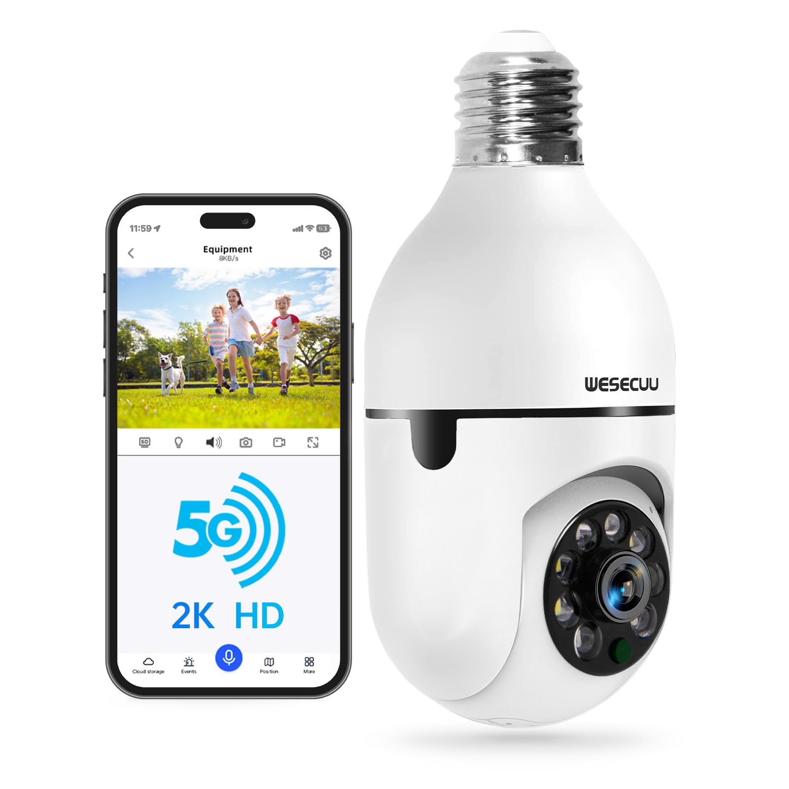 WESECUU Light Bulb Security Camera -5G& 2.4GHz WiFi 2K Security Cameras Wireless Outdoor Motion Detection and Alarm,Two-Way Talk,Color Night Vision,Human Detection, Bulb Camera Compatible with Alexa