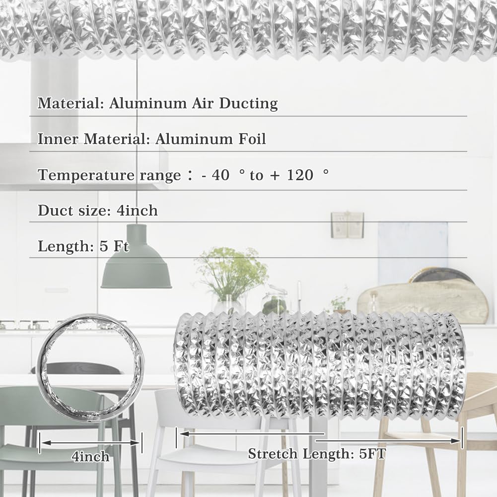 Omont Dryer Vent Hose 4 Inch 5FT Flexible Dryer Ducting Tube Air Duct Aluminum Insulated Flex Hose Kit Indoor Outdoor