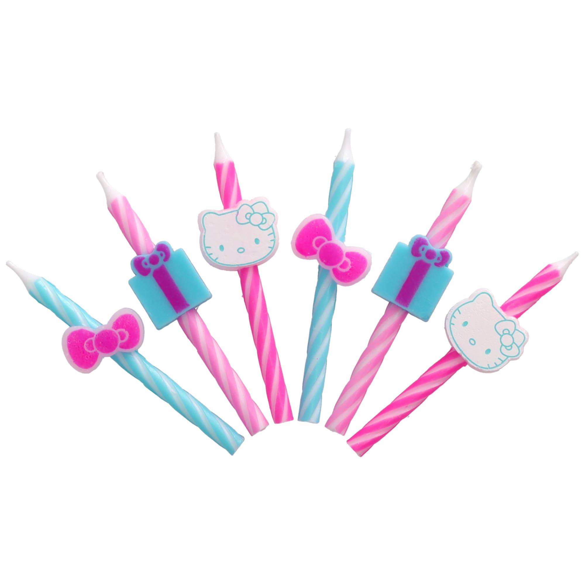 Hello Kitty® Birthday Cake Candles | 6 Birthday Candles for Cake Decorations, Pink & Blue Striped Candles, Cupcake Toppers for Hello Kitty® Party