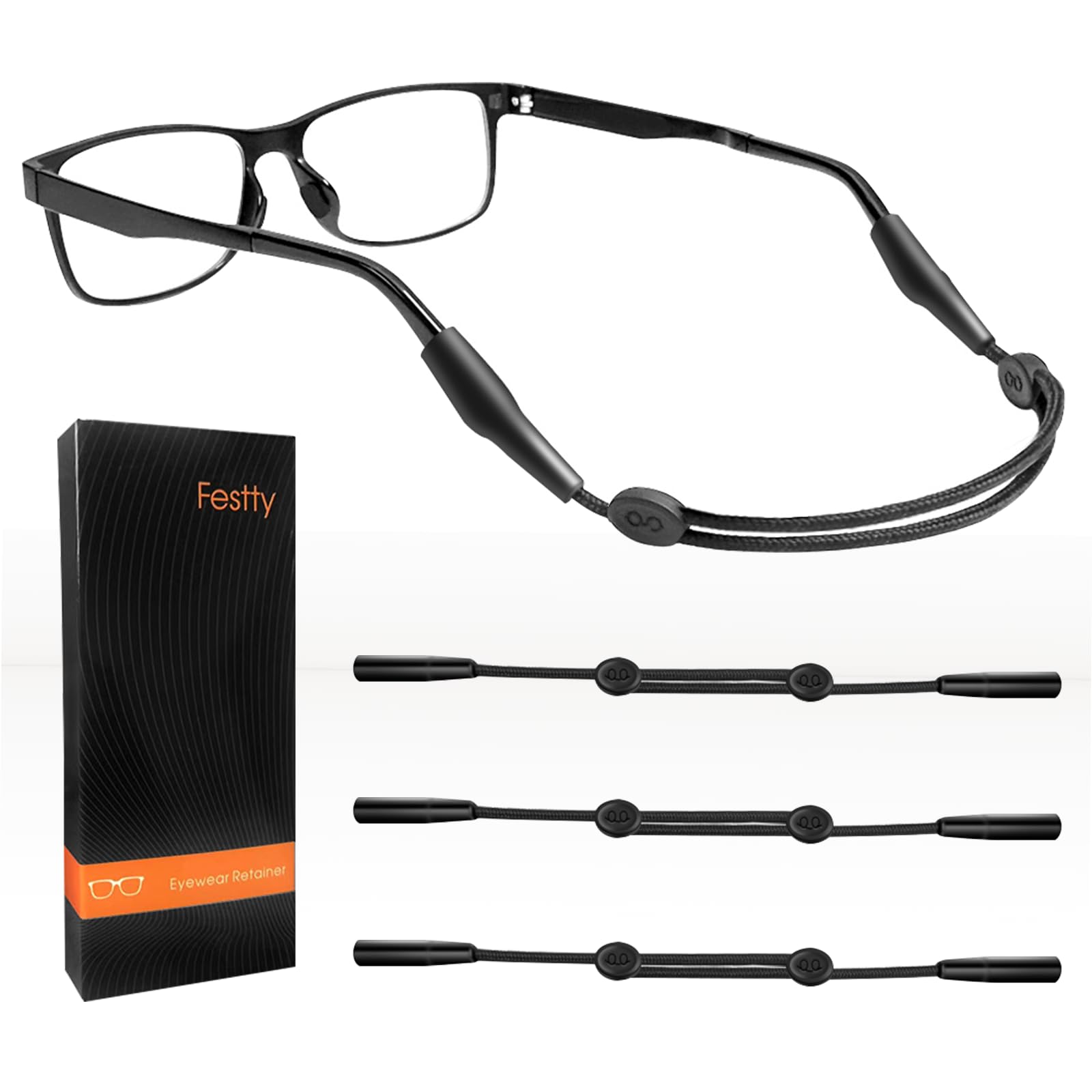 Festty Brillengurt Sport 3 Stück, Brillenband Halter für Kinder Damen Herren, Verstellbare Sonnenbrillenkette, Lesebrillenhalterung um den Hals, Brillenband (Schwarz)