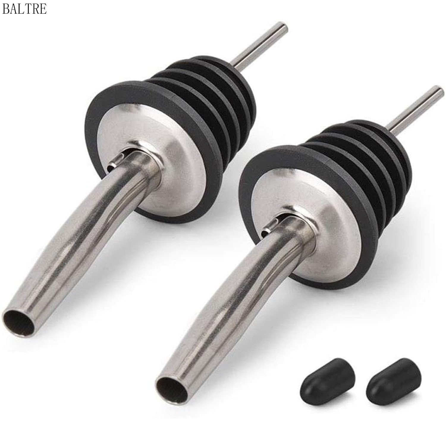BALTRE 2PCS Stainless Steel Pourers, Speed Liquor Bottle Pourer, Olive Oil and Vinegar Tapered Stopper Spout, Suitable for About 3/4" Bottle Mouth, Olive Oil Spout with Sealed Dust Caps