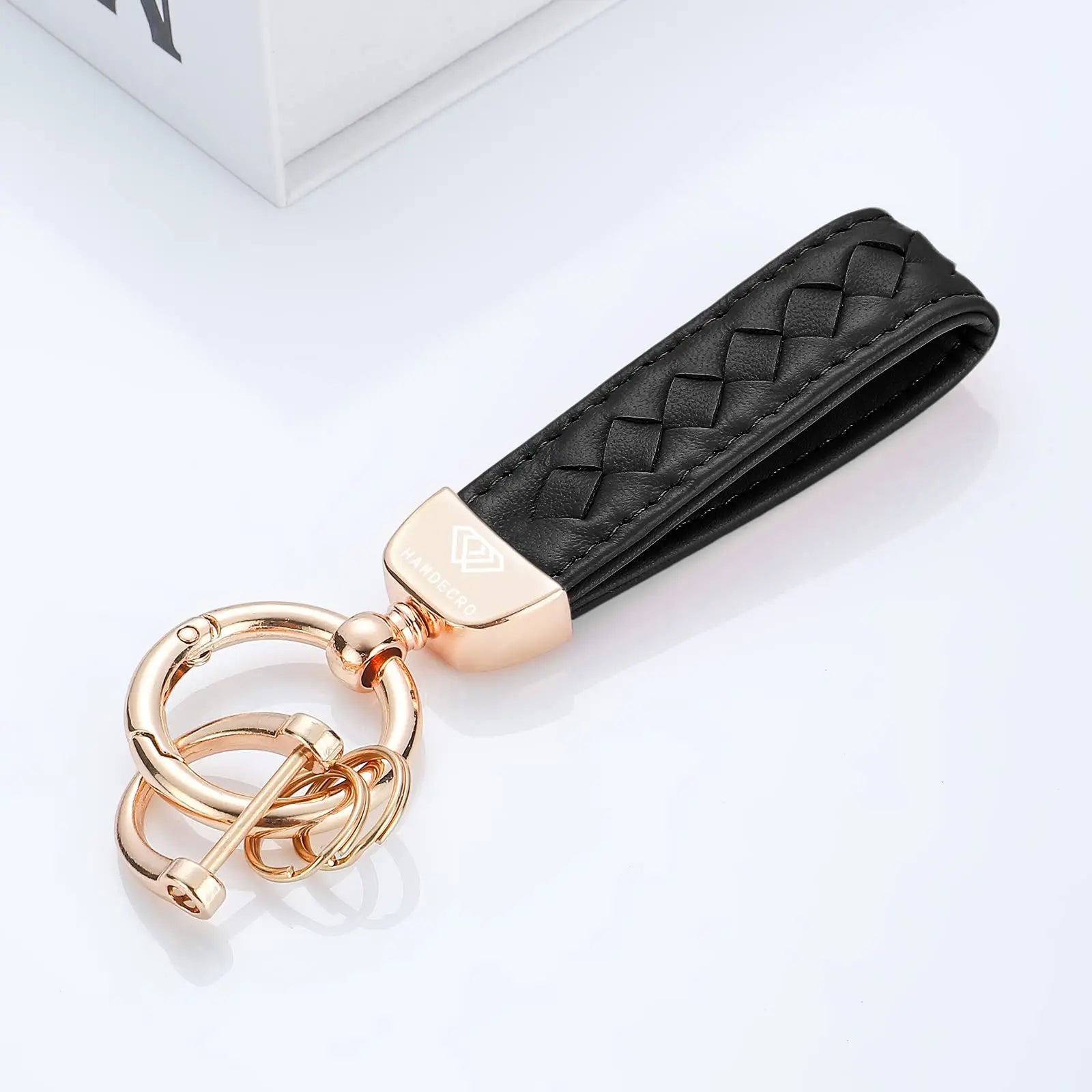 Genuine Leather Car Keychain, Handmade Knit Sheepskin Key chains for Women, Universal Key Fob Holder with 360 Degree Rotatable, Anti-Lost D-Ring, 2 Keyrings and 1 Screwdriver – Black