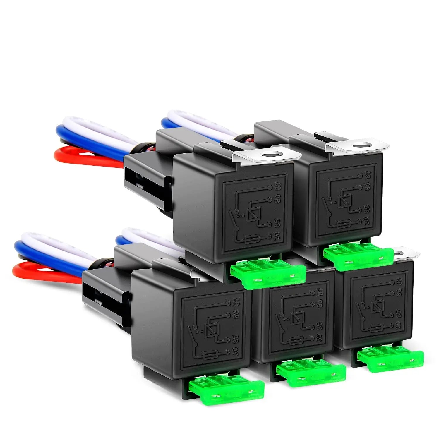 Nilight 50023R 5 Pack 30A Fused Relay Switch Kit 12V 4 Pin SPST Relay Interlocking Harness Socket Holder 30 Amp 12 Volt Automotive Relays with Fuse for Auto Cars Trucks RV