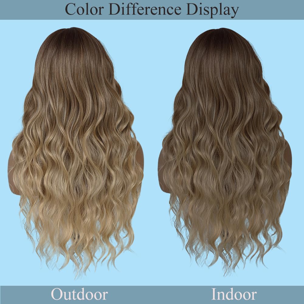 HMHIFI Long Ombre Blonde Wigs for Women 26 inch Long Wavy Middle Part Wig Ombre Blonde Wigs Upgraded Protein Fiber Hair Replacement Wig Cosplay Costume Halloween Wig(26'' Brown Ombre Blonde)