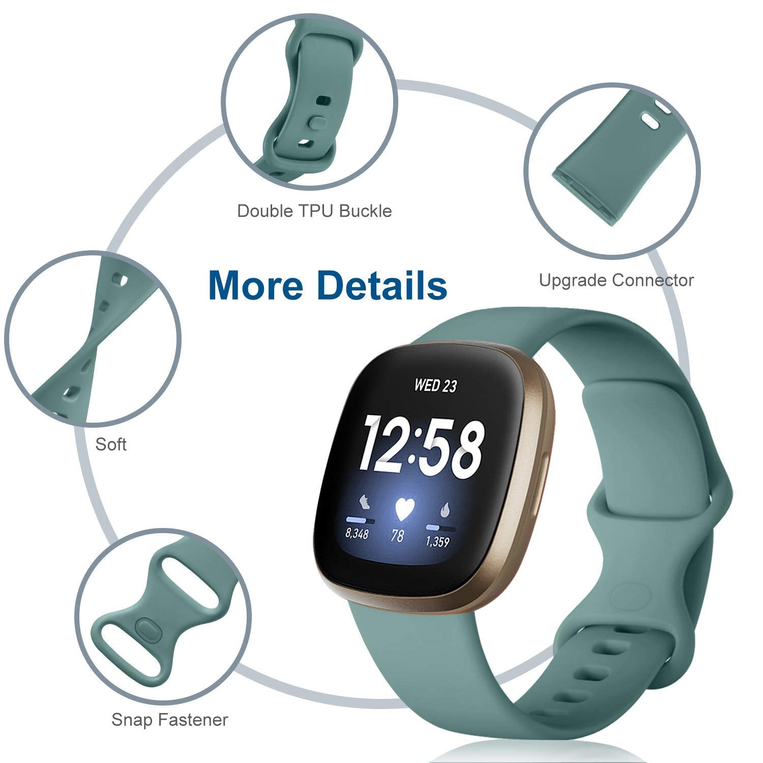 Dirrelo Bands Compatible with Fitbit Sense/Versa 3 / Versa 4 / Sense 2, Soft TPU Sport Strap Band, Replacement Wristband for Women Men, 4Pack Small, Black Modena Bluegrey Pinegreen