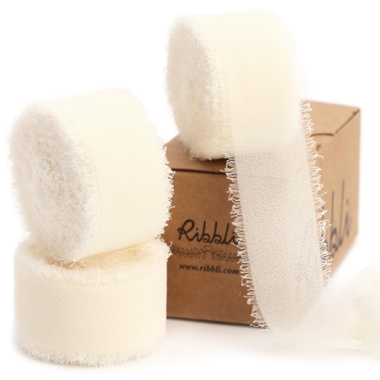 Ribbli Elfenbeinband 2,5 cm x 3 Rollen insgesamt 22 m Elfenbeinfarbenes handgemachtes Fransen-Chiffon-Seidenband zum Verpacken von Hochzeitseinladungen, Brautsträußen, Bastelarbeiten, Heimdekoration