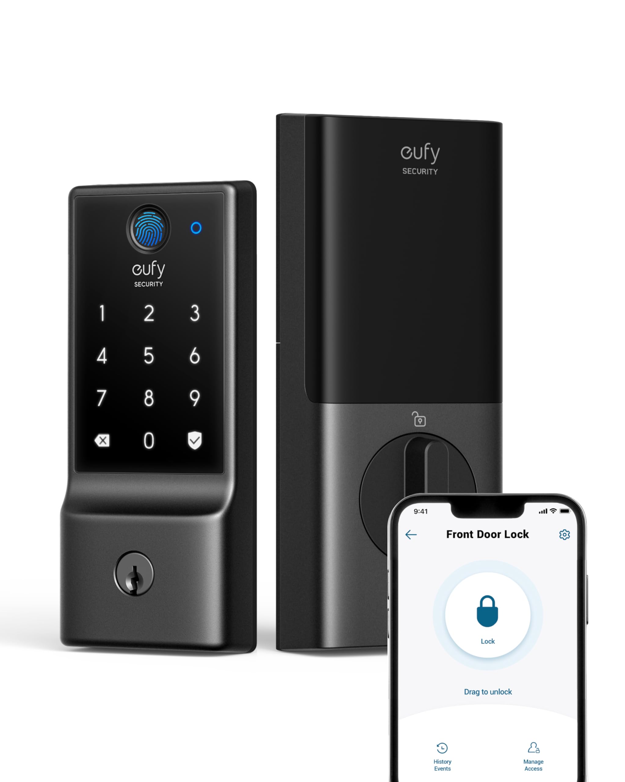 eufy Security Smart Lock C220, Fingerprint Smart Lock, schlüsselloser Zugang, integriertes WLAN, App-Fernbedienung, Smart Lock mit Riegel für die Haustür, 8 Monate Akkulaufzeit, zuverlässige Stromversorgung, IP53 wasserdicht, BHMA Grad 3