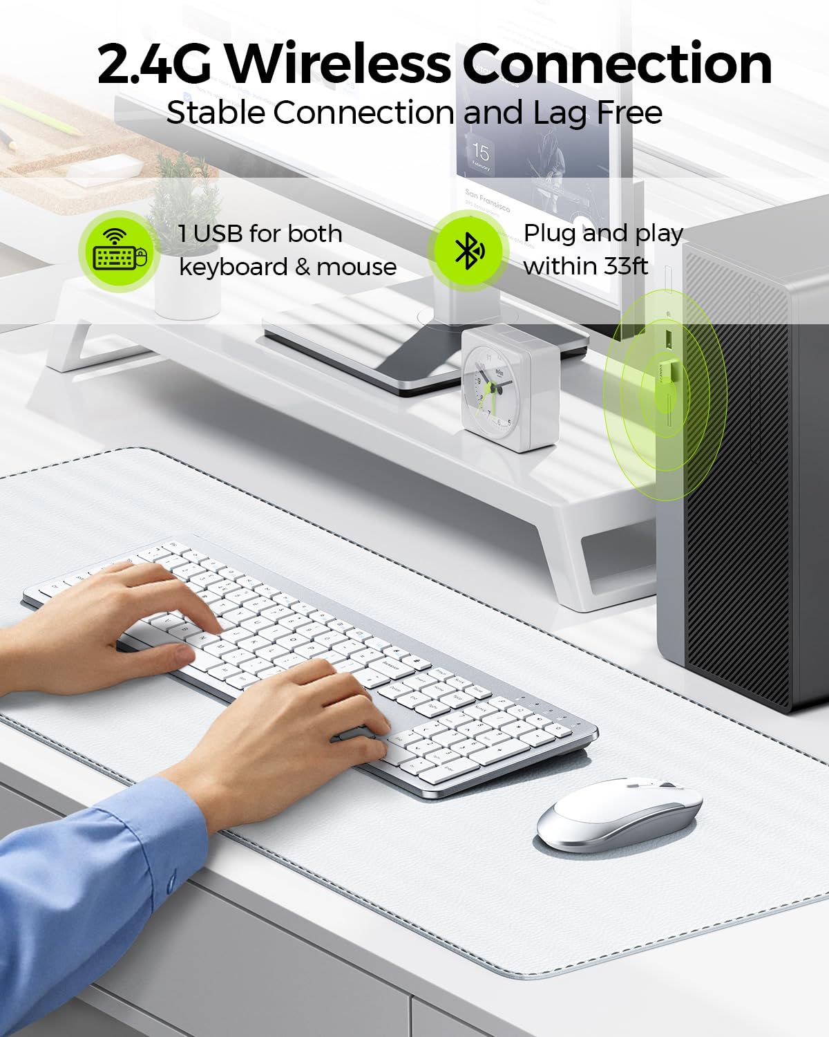 Wireless Keyboard and Mouse Combo - Full Size Slim Thin Wireless Keyboard Mouse with Numeric Keypad 2.4G Stable Connection Adjustable DPI (White & Silver)