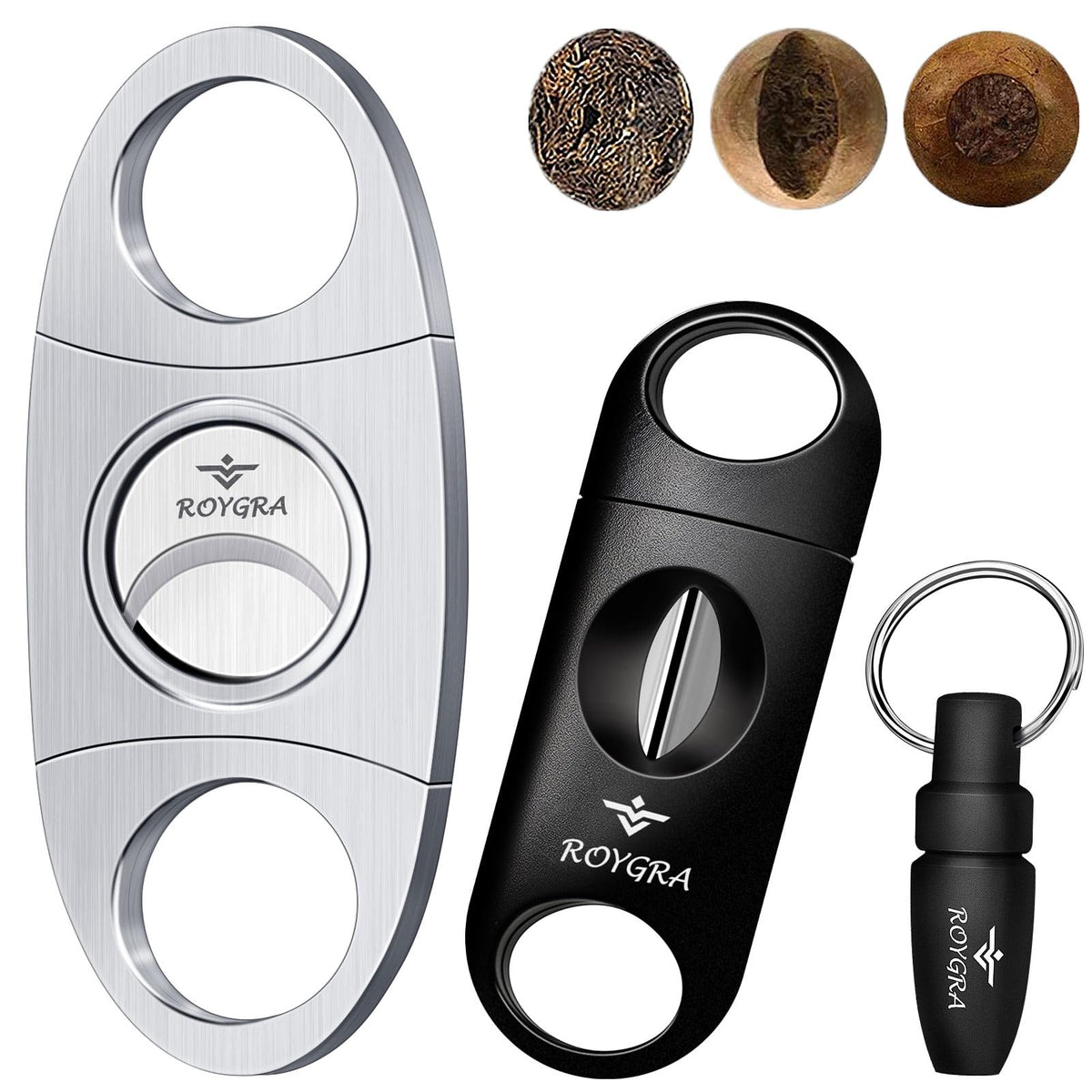 roygra Zigarrenschneider-Set (3 Stück), Zigarrenzubehör für Männer – Edelstahl-Guillotine, vergrößerter V-Cut passend für alle Zigarren, Locher – Raucherzubehör, tragbar, scharf, sauberer Schnitt – Silber