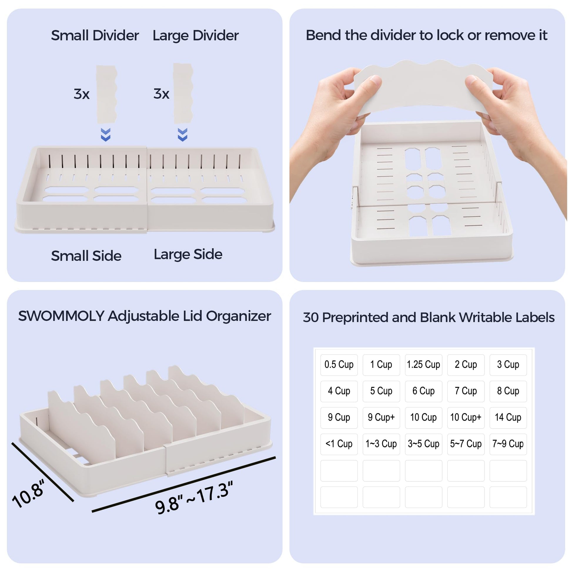 SWOMMOLY Expandable Food Storage Container Lid Organizer, Includes 6 Adjustable Dividers, 30 Preprinted and Blank Writable Labels, White