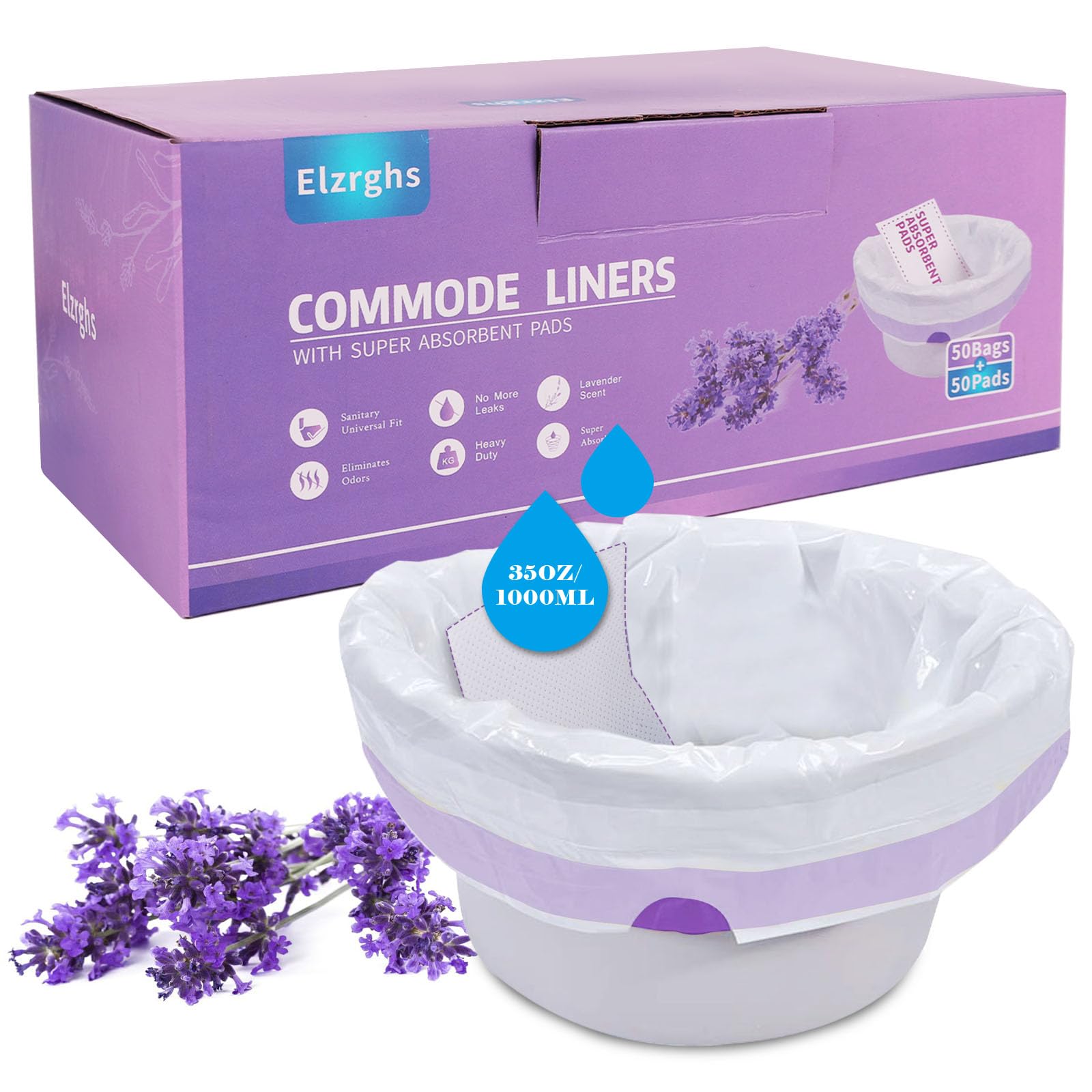 Elzrghs Toilettenstuhl-Einlagen mit saugfähigen Pads für Toilettenstuhl, 50 lavendelduftende Toilettenstuhl-Einlagen und 50 Toilettenstuhl-Pads, Weiß