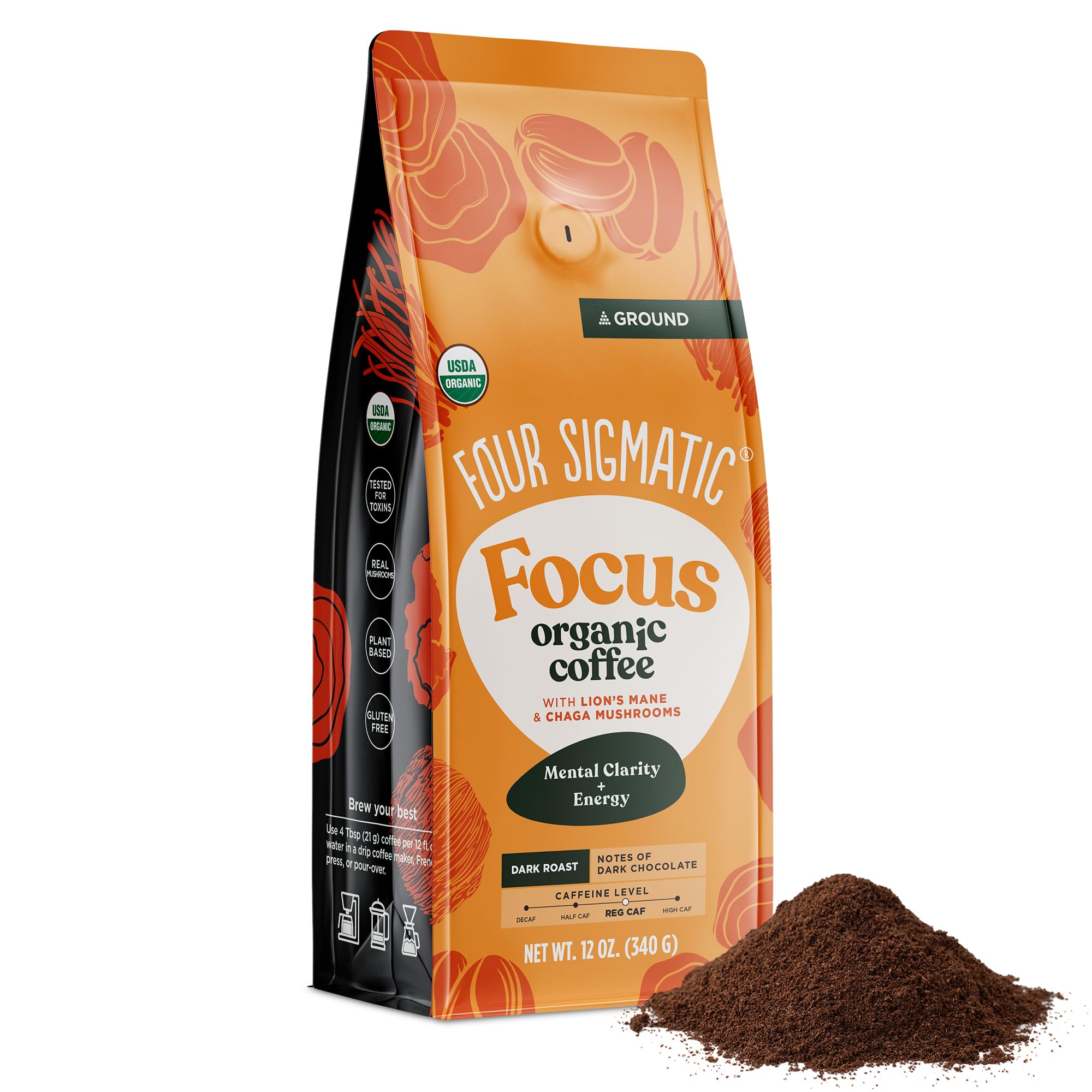Four Sigmatic Focus Pilzkaffee | Bio-gemahlener Kaffee mit Löwenmähne-Pilz und Chaga für bessere Konzentration und Immununterstützung | 340 g Beutel