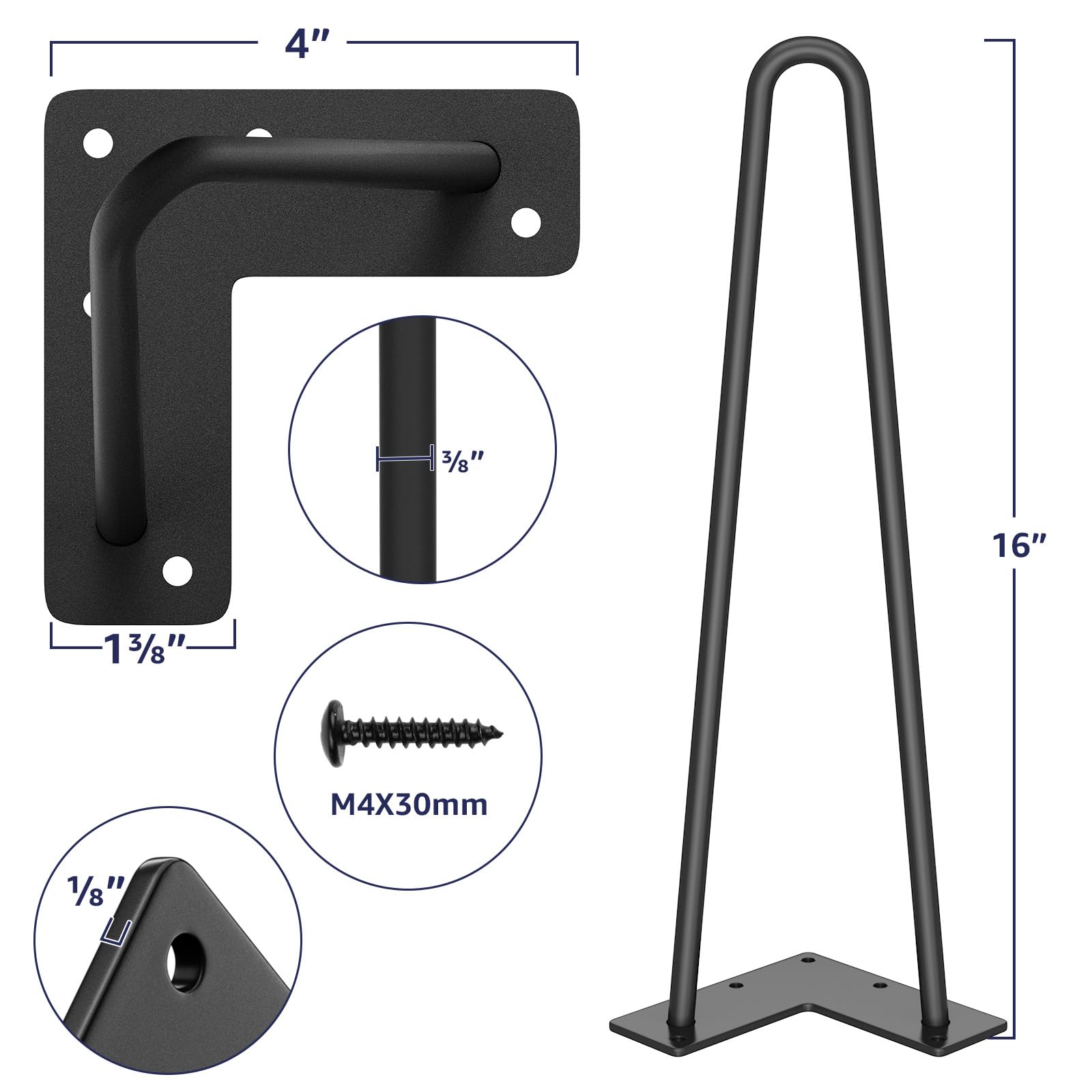 SMARTSTANDARD 16" Hairpin Furniture Legs, Metal Home DIY Projects for Nightstand, Coffee Table, Desk, etc with Rubber Floor Protectors Black 4PCS