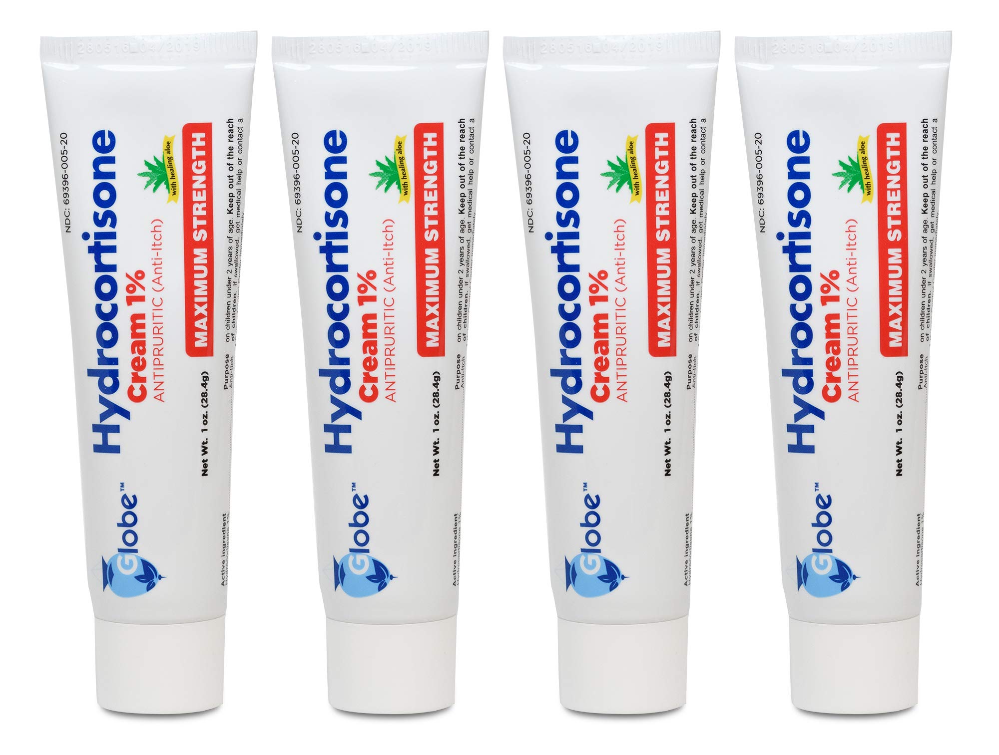 Globe (4er-Pack) Hydrocortison Höchstwirksame juckreizstillende Creme 1 % mit Aloe, Intensivformel bei Rötungen, Ausschlägen, Insekten- und Mückenstichen, Ekzemen, Hämorrhoiden, empfindlicher Haut, sofortige Linderung von Juckreiz, 28g Tube