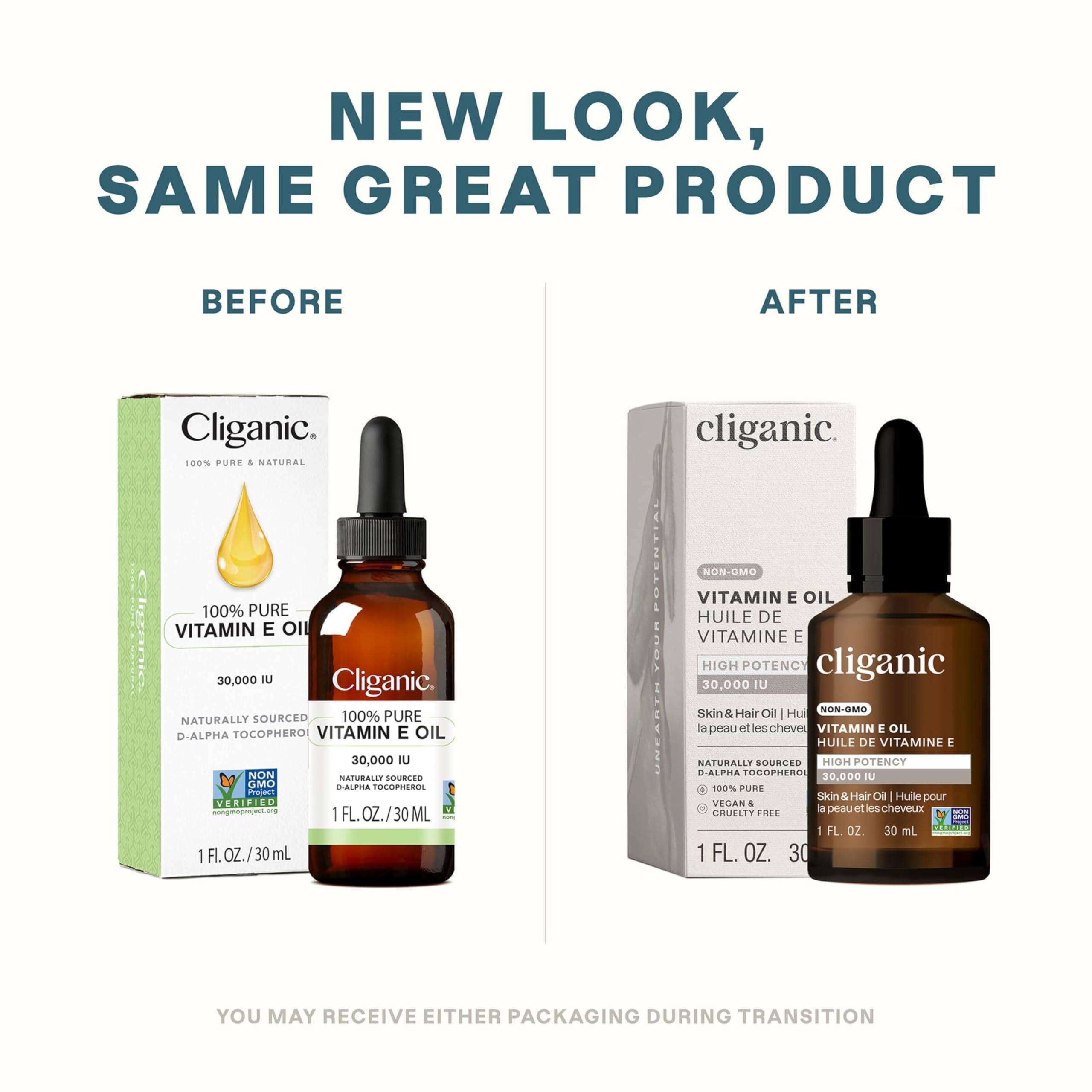 Cliganic Pure Vitamin E Oil for Skin, Scars, Hair & Face - 30,000 IU, Non-GMO Verified | Natural D-Alpha Tocopherol