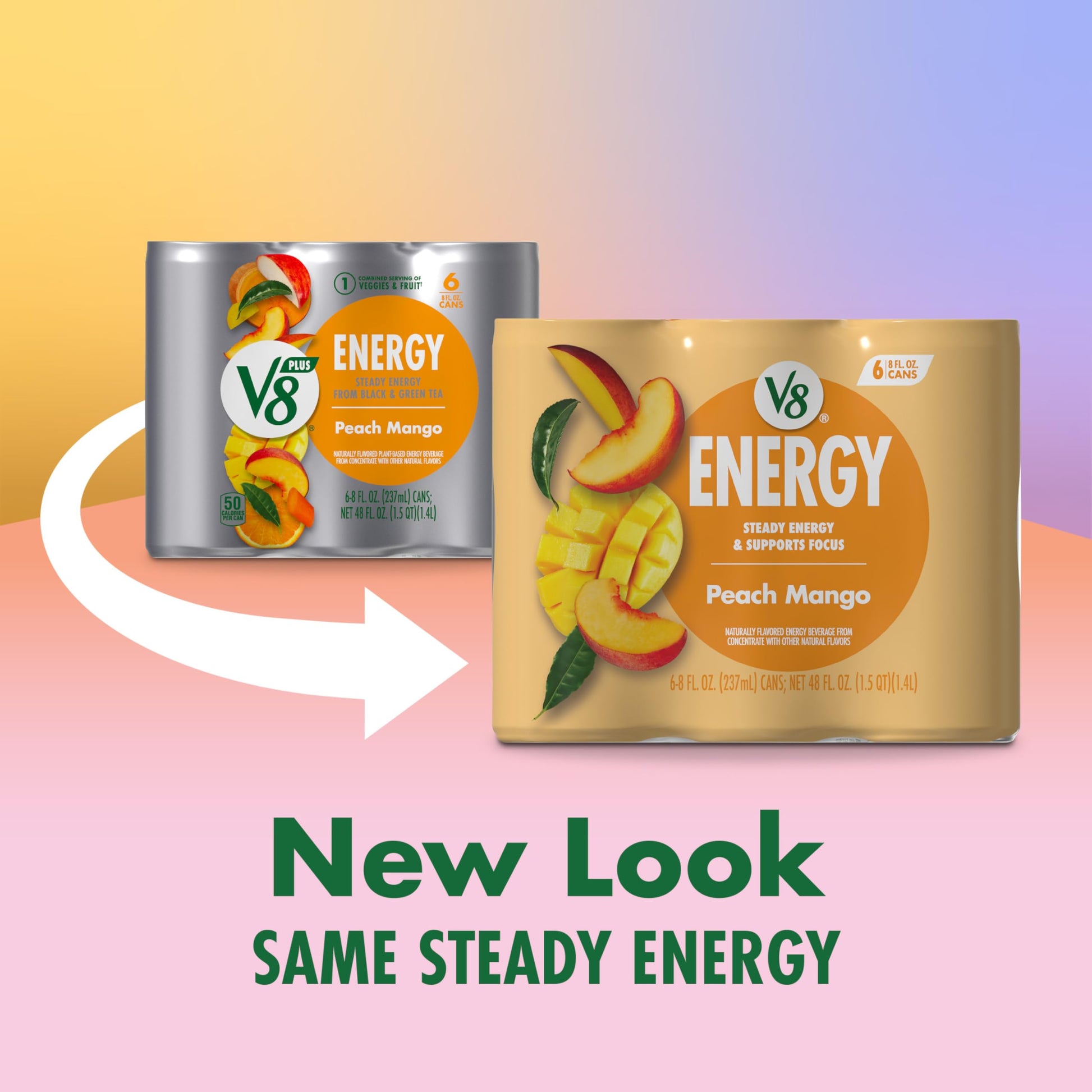 V8 Energy Peach Mango Energy Drink, 8 fl oz Can (24 Pack)