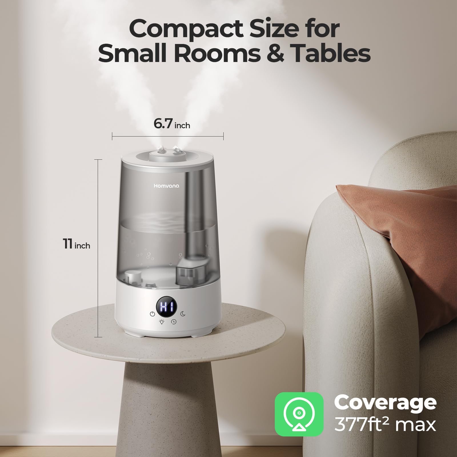 Homvana Humidifiers for Bedroom Home, 3.6 L Cool Mist Top-Fill 34H Super Long Time, Quiet 23dB, Baby Humidifier, Oil Diffuser for Large Room, Plants, Nursery, Office BPA FREE, 7 Color Light Ultrasonic