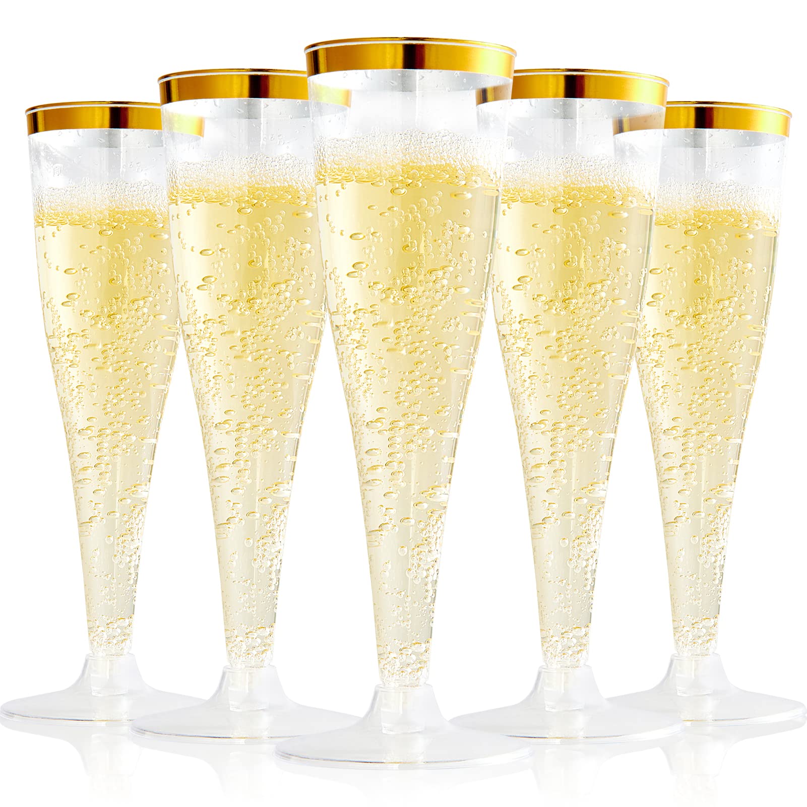 FOCUSLINE 100 Stück Plastik-Champagnerflöten, 133 ml Plastik-Champagnergläser mit Goldrand, Einweg-Sektgläser, recycelbare Champagnerbecher für Hochzeitsfeiern
