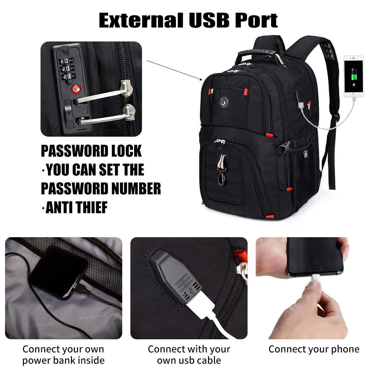 SHRRADOO Extra Large 50L Travel Laptop Backpack with USB Charging Port, College High School Backpack Airline Approved Business Work Bag Fits 17 Inch Computer for Men Women