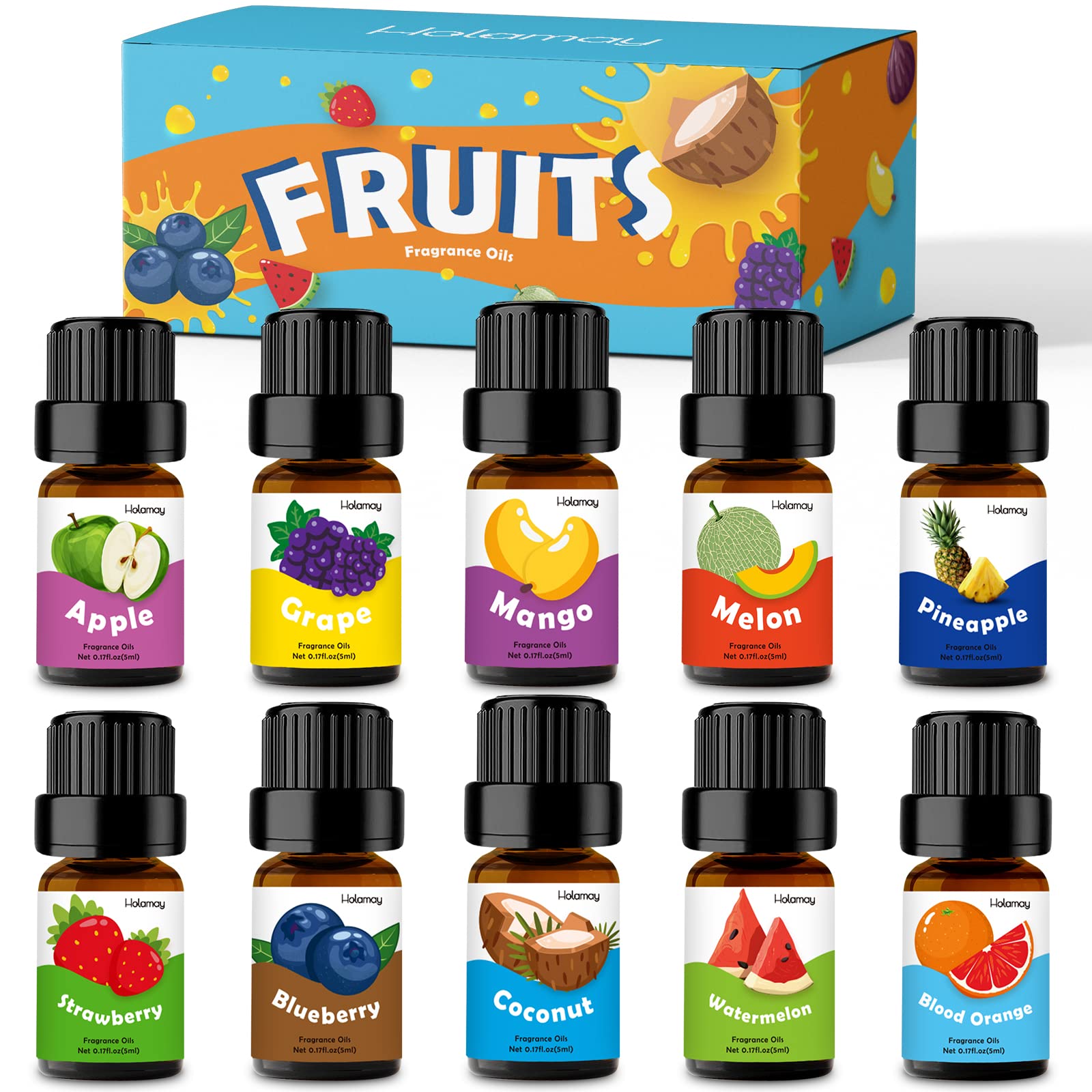 Fruchtiges Duftöl für Kerzen- und Seifenherstellung, Holamay Premium Frucht-Ätherische Öle, 10 x 5ml – Kokosnuss, Erdbeere, Mango, Ananas und weitere Diffusor-Öl-Düfte, Sommer Aromatherapie-Öl-Set