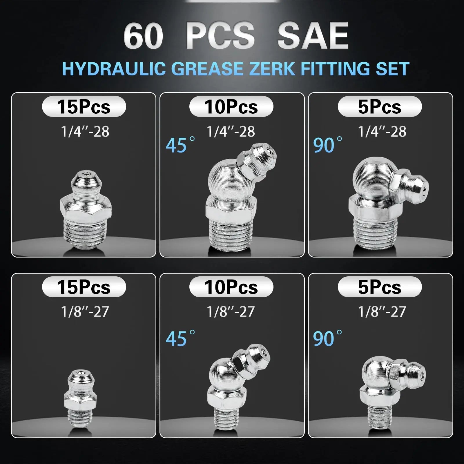 60Pcs Grease Fittings Kit, 1/4 & 1/8 Inch BSP Grease Zerk Fittings Assortment with 90 Degree, 45 Degree, and Straight Angle for Automotive, Tractors, and Industrial Machinery