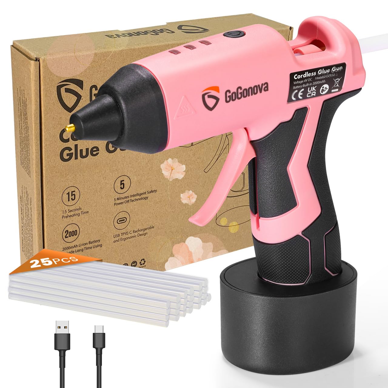 GoGonova Cordless Glue Gun, 15s Fast Preheating 2Ah Cordless Hot Glue Gun with 25 Pcs Premium Mini Glue Gun Sticks, USB-C Battery Rechargeable Hot Glue Gun, Smart Power-Off, Pink