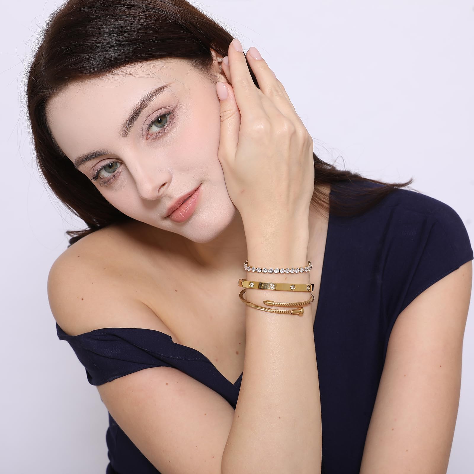 A D. 18 K Gold Plated Love Bangle Bracelet Set Stackable Cubic Zirconia Chain Bracelet Stainless Steel Chain Gold Bangle Bracelets for Women (3 Sets(Tennis,Bangle))