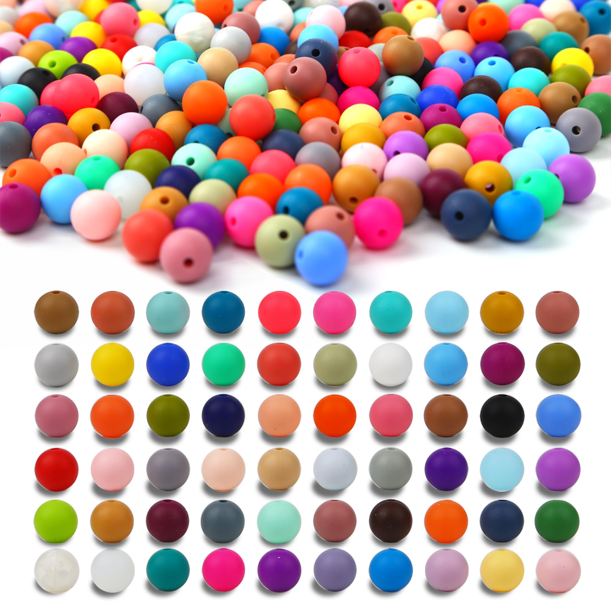 CFKEMZY 300pcs Silicone Beads for Keychain Making Kit 60 Colors Focal Beads Rubber Round Beads Mixed Color Silicone Beads Bulk for Pens, DIY Keychain,Necklace Bracelet Making Kit, Jewelry,Art Crafts